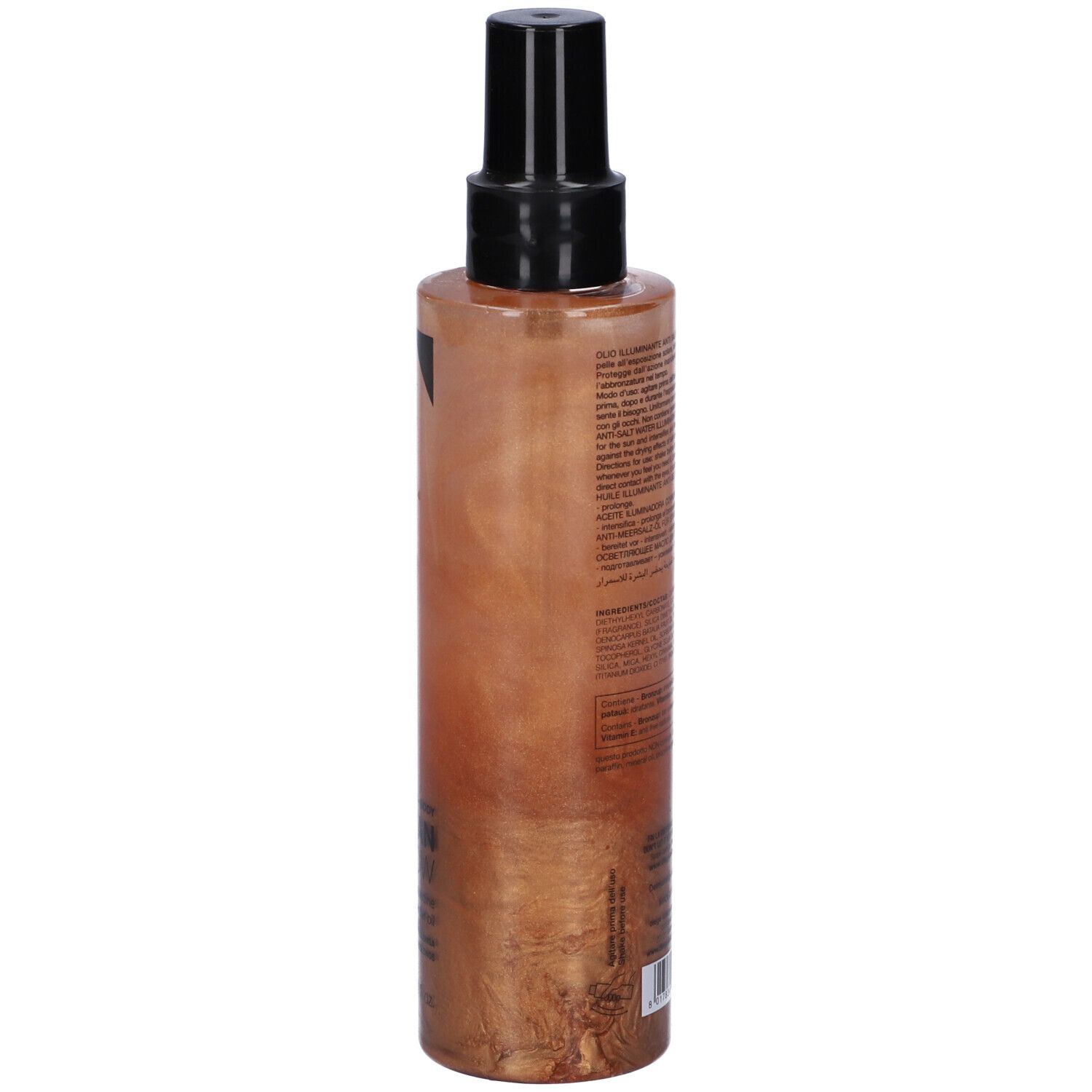 Vista posteriore del flacone spray olio abbronzante. Testo e marchio sul flacone.
