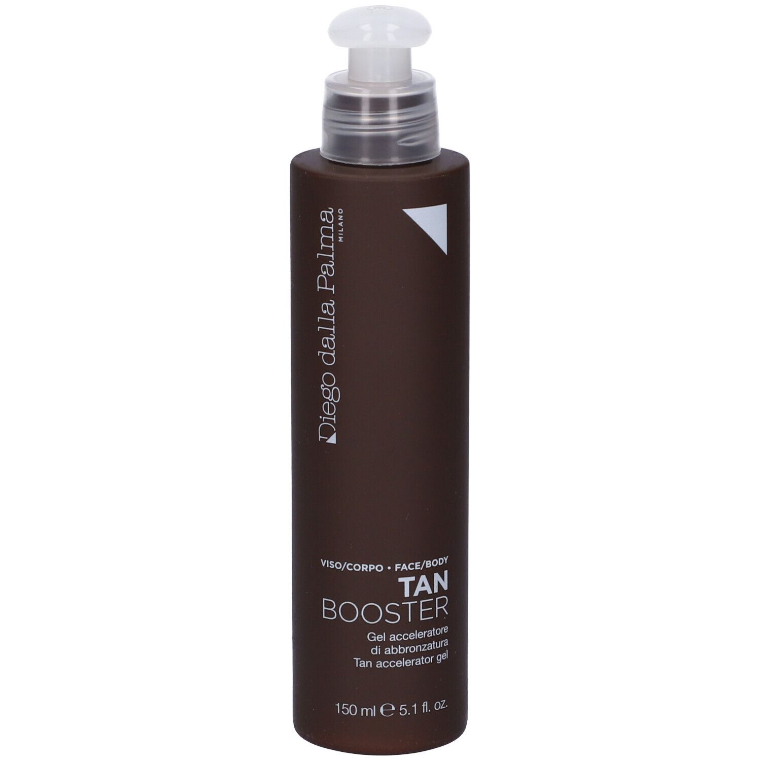 Flacone marrone con dosatore. Scritta: TAN BOOSTER, gel abbronzante. Marchio: Diego Dalla Palma.