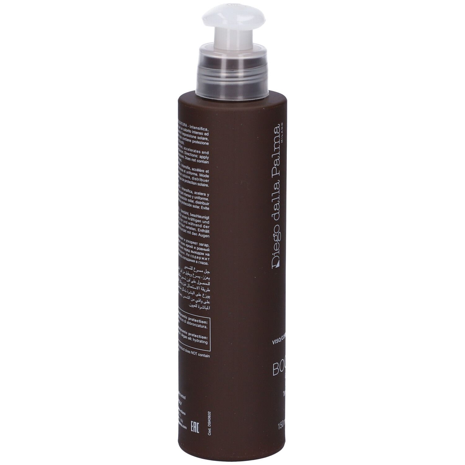 Flacone marrone con dosatore. Testo sul retro. Marchio: Diego Dalla Palma. Prodotto: TAN BOOSTER.