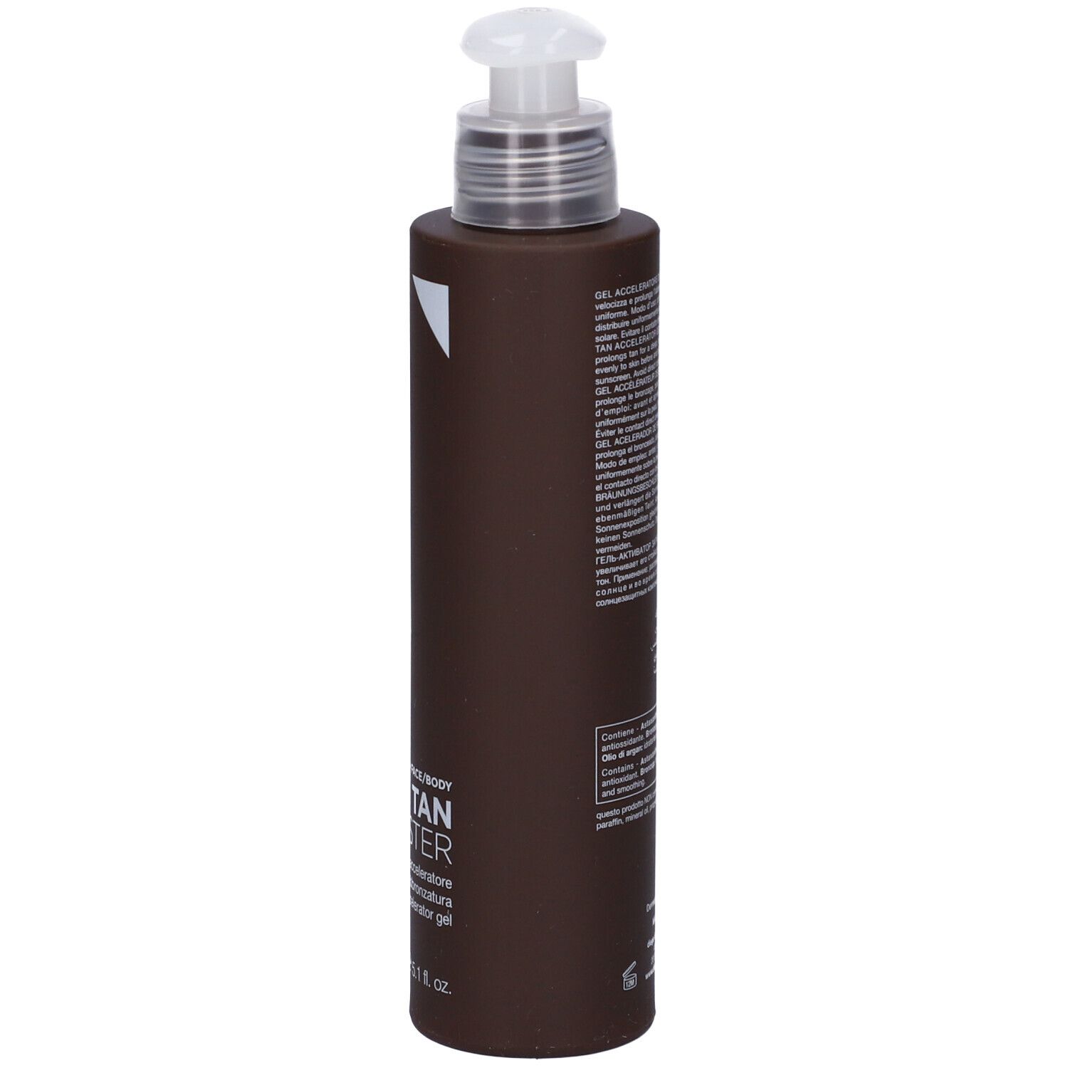 Flacone marrone con dosatore. Scritta: TAN BOOSTER, gel abbronzante. Marchio: Diego Dalla Palma.