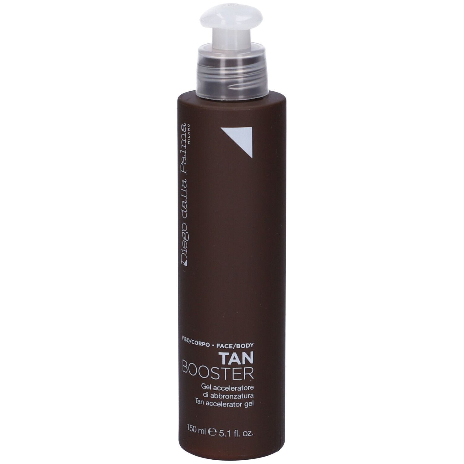 Flacone marrone con dosatore. Scritta: TAN BOOSTER, gel abbronzante. Marchio: Diego Dalla Palma.