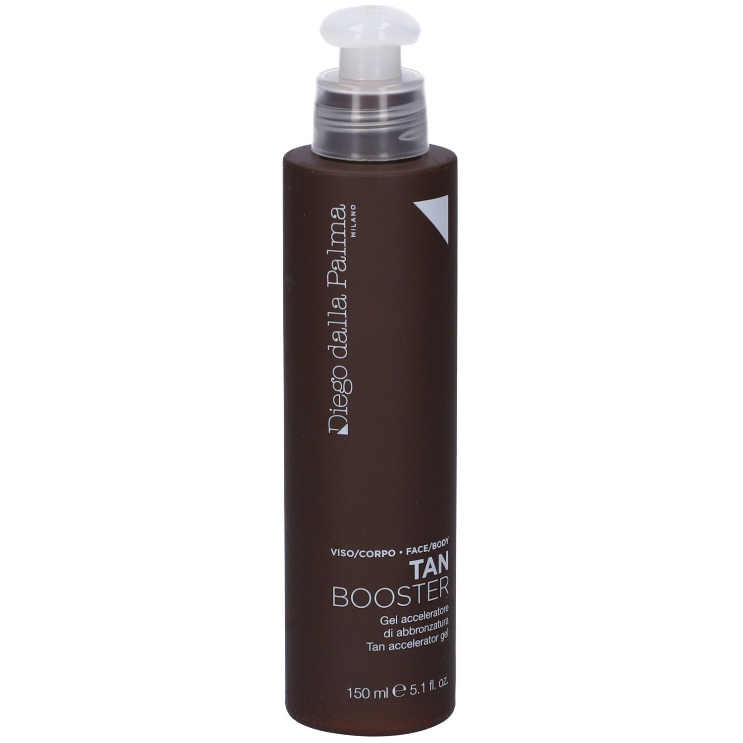 Flacone marrone con dosatore. Scritta: TAN BOOSTER, gel abbronzante. Marchio: Diego Dalla Palma.