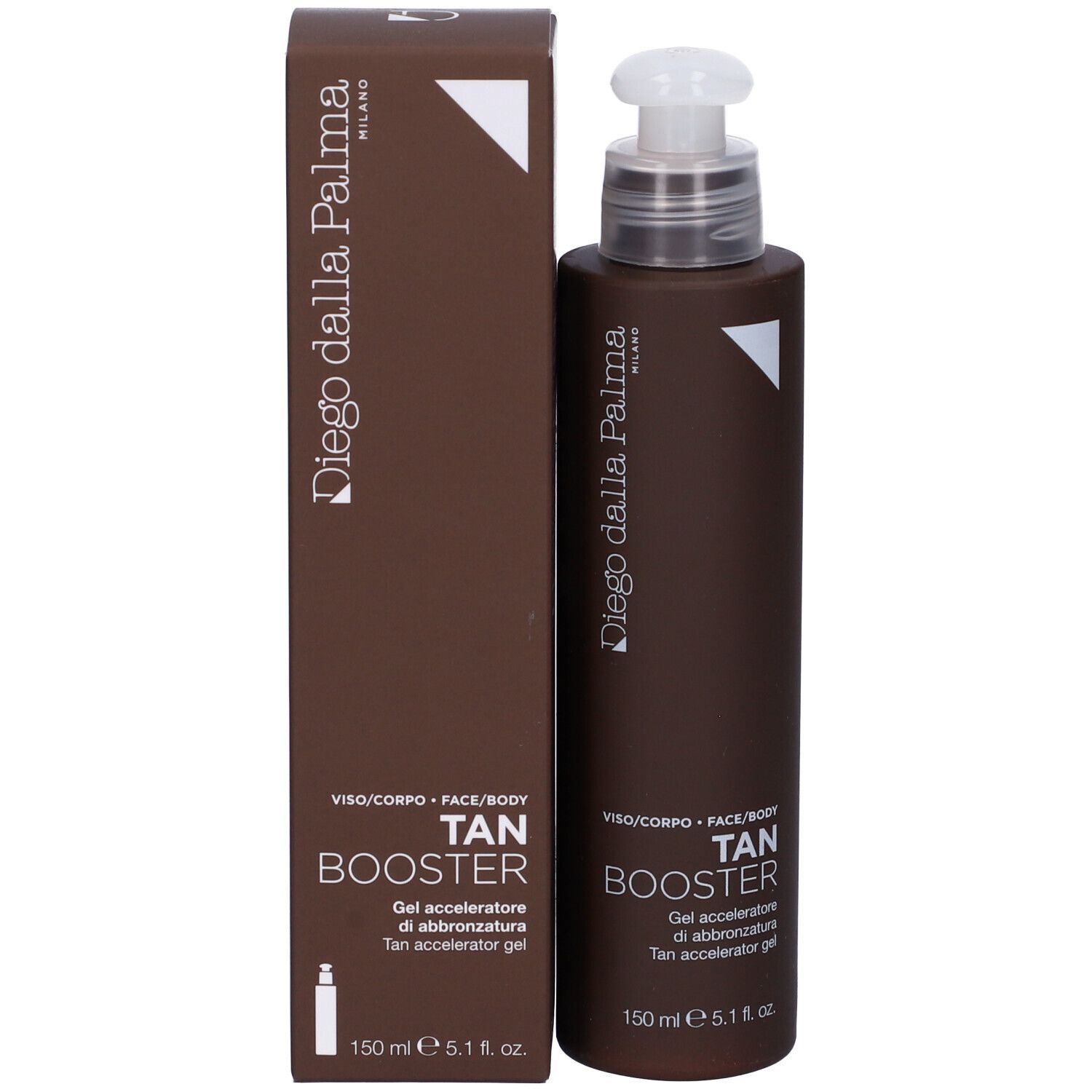 Flacone marrone con dosatore e confezione marrone. Scritta: TAN BOOSTER. Marchio: Diego Dalla Palma.