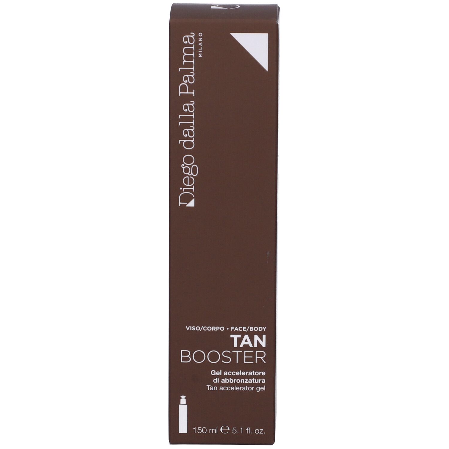 Confezione marrone con scritta: TAN BOOSTER. Marchio: Diego Dalla Palma. Prodotto: Gel abbronzante.