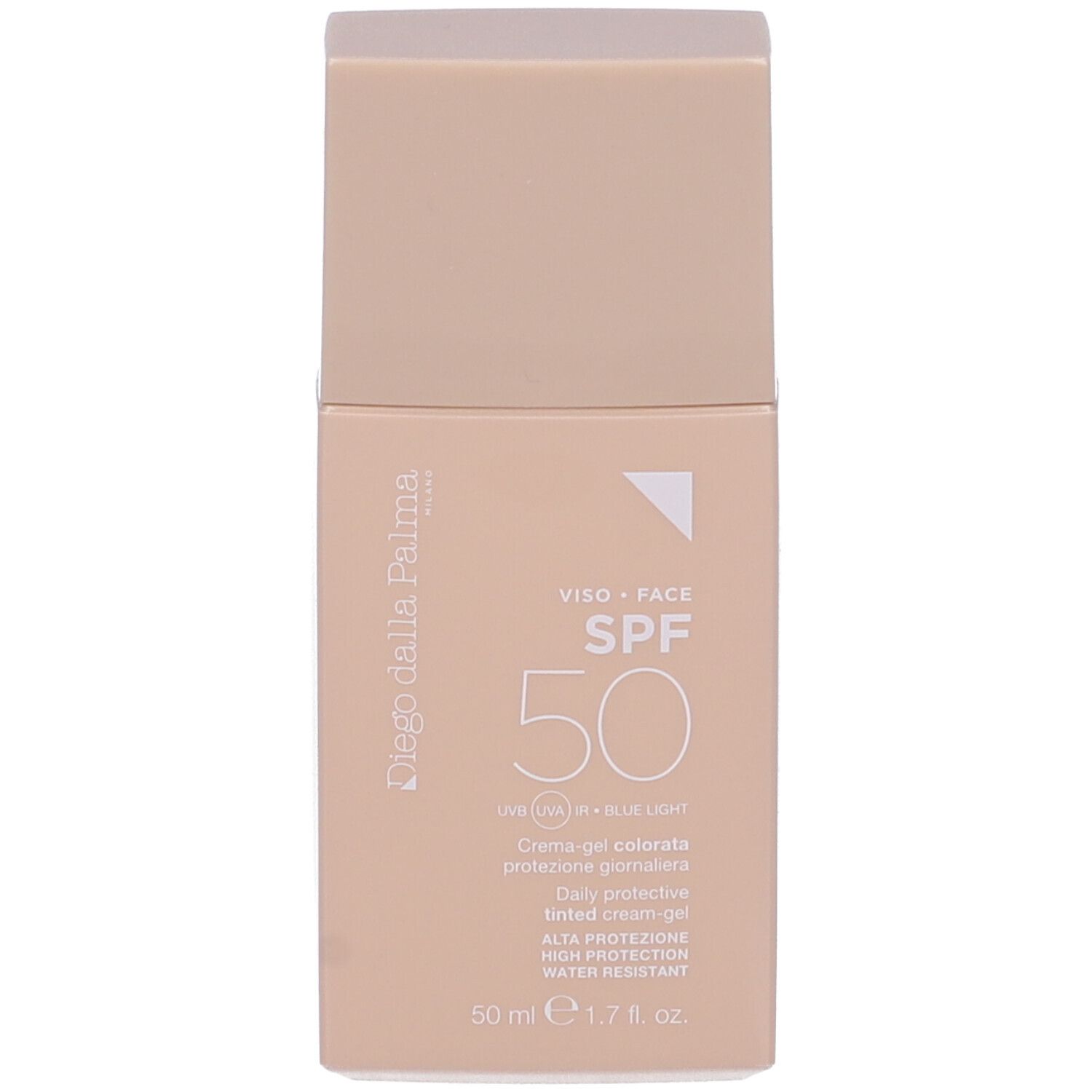 Flacone beige SPF 50. Scritta: Viso Face, Crema-gel colorata protezione giornaliera, 50 ml. Marchio: Diego Dalla Palma.