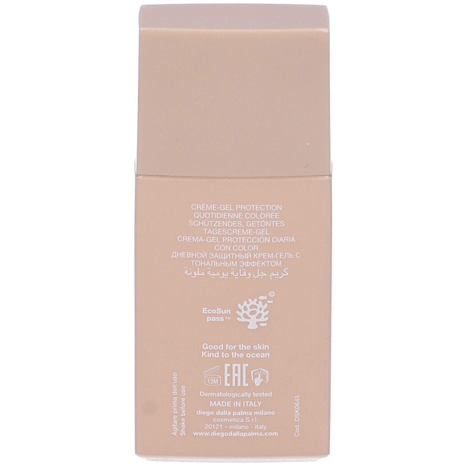 Retro del flacone beige. Testo: Creme-Gel Protection, Ecosun pass, Made in Italy. Logo: Good for the skin, Kind to the ocean.