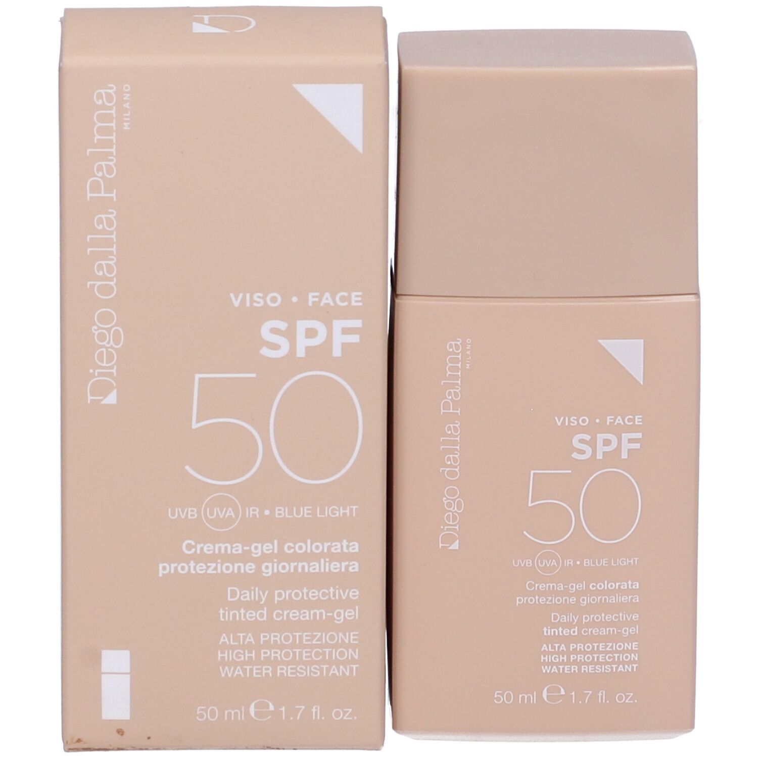 Confezione e flacone. Confezione beige, testo: Viso Face, SPF 50, Crema-gel colorata protezione giornaliera. Marchio: Diego Dalla Palma.