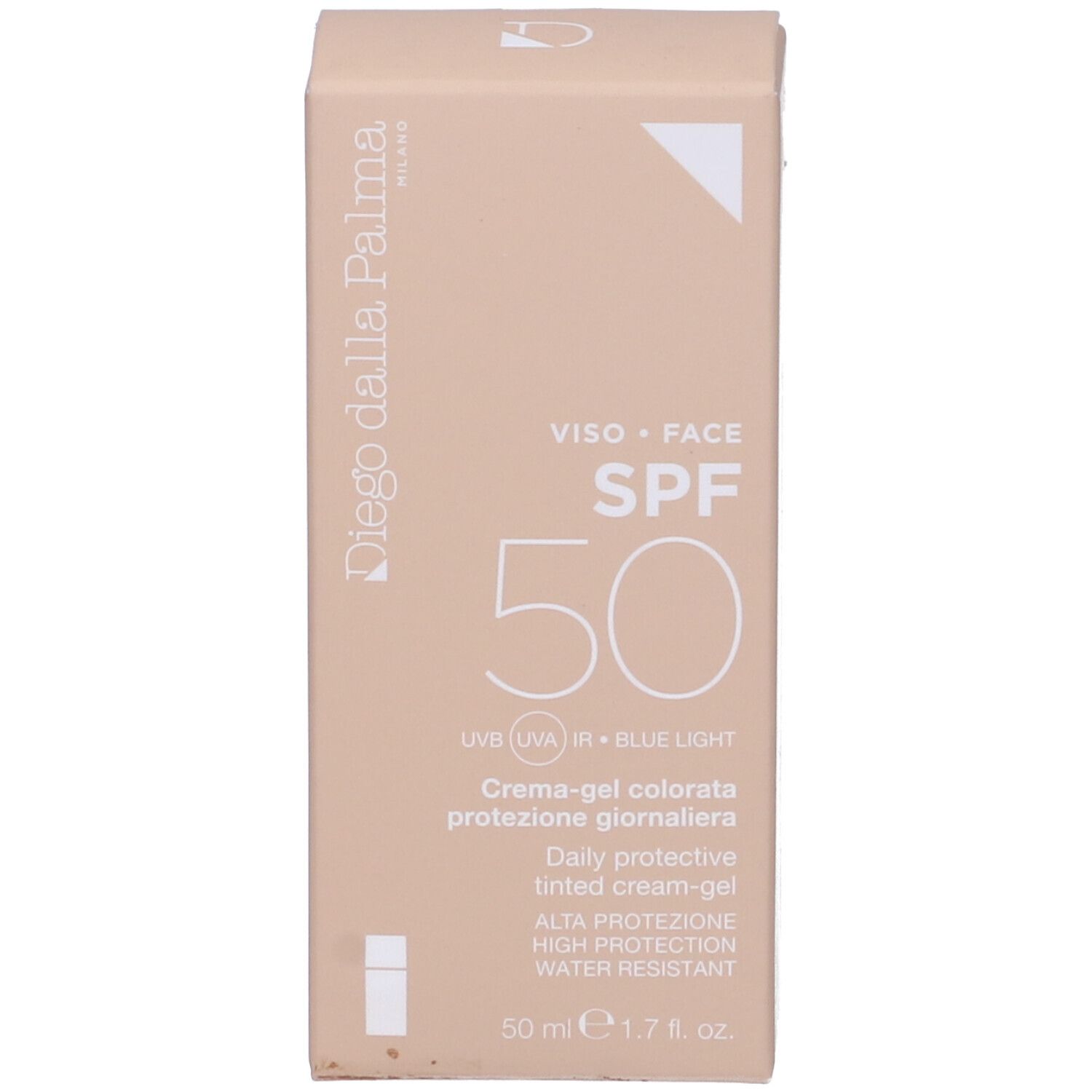 Confezione beige. Testo: Viso Face, SPF 50, Crema-gel colorata protezione giornaliera. Marchio: Diego Dalla Palma.