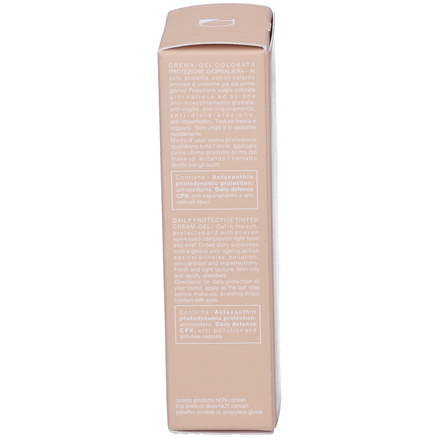 Confezione beige. Testo: Creme Gel Protection, ingredienti, Daily Protective Tinted Cream-Gel, Anti-età.