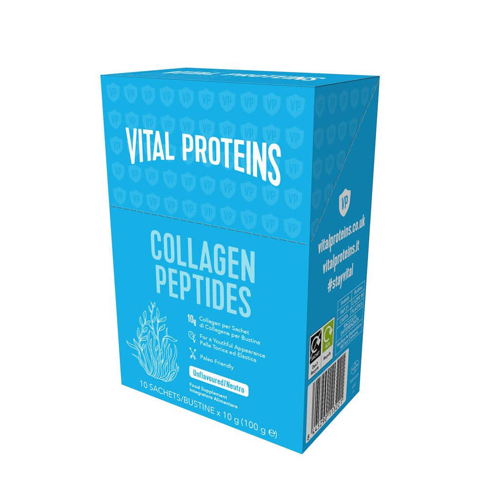 Blaue Schachtel mit Vital Proteins Collagen Peptides. Aufschrift: Unflavoured/Neutro. 10 x 10g Beutel.