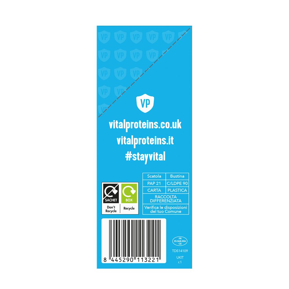 Rückseite der Schachtel. Text: vitalproteins.co.uk, vitalproteins.it, #stayvital. Recycling-Symbole.