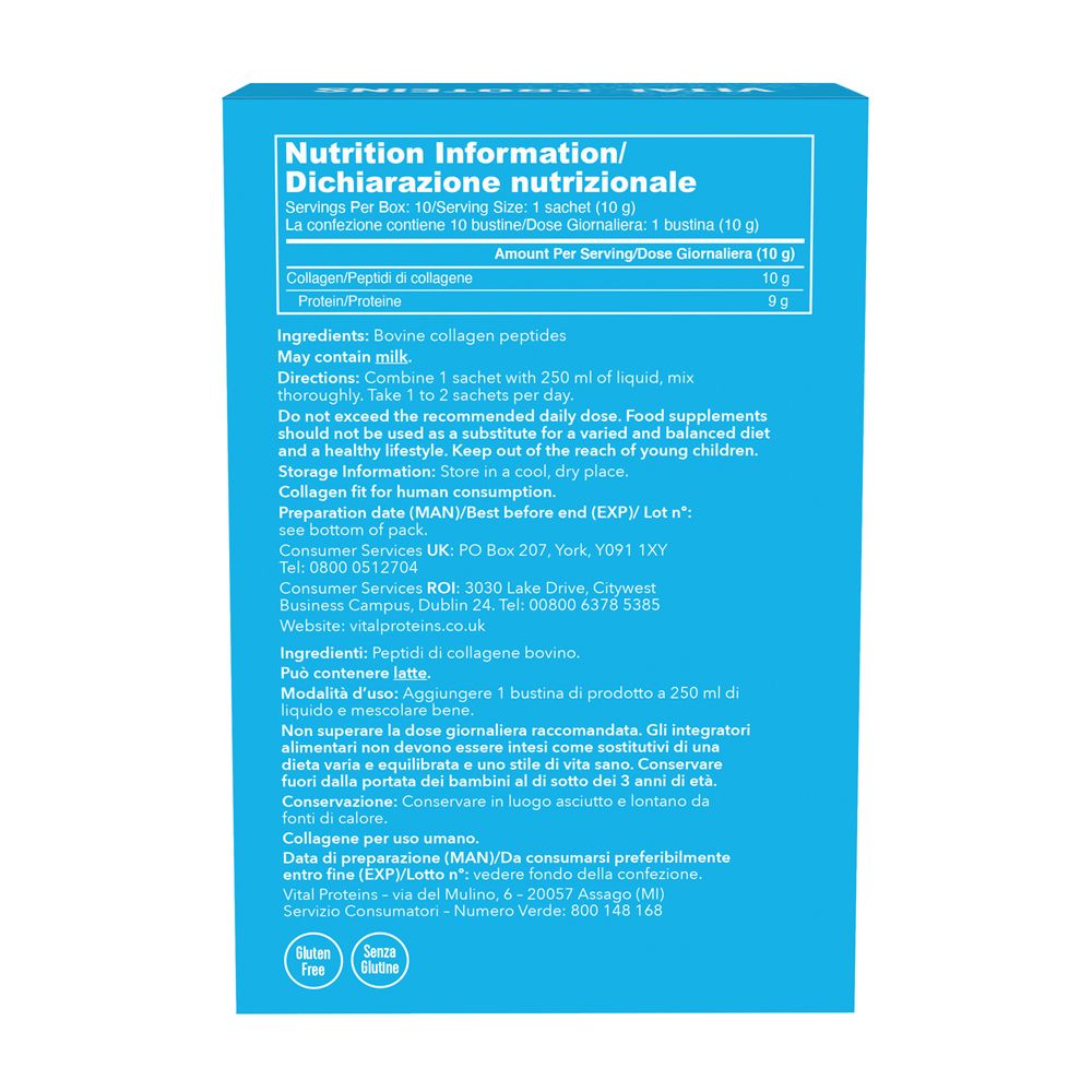 Rückseite der Schachtel. Text: Nährwertangaben. Zutaten: Rinderkollagenpeptide. Lagerung: Trocken lagern.