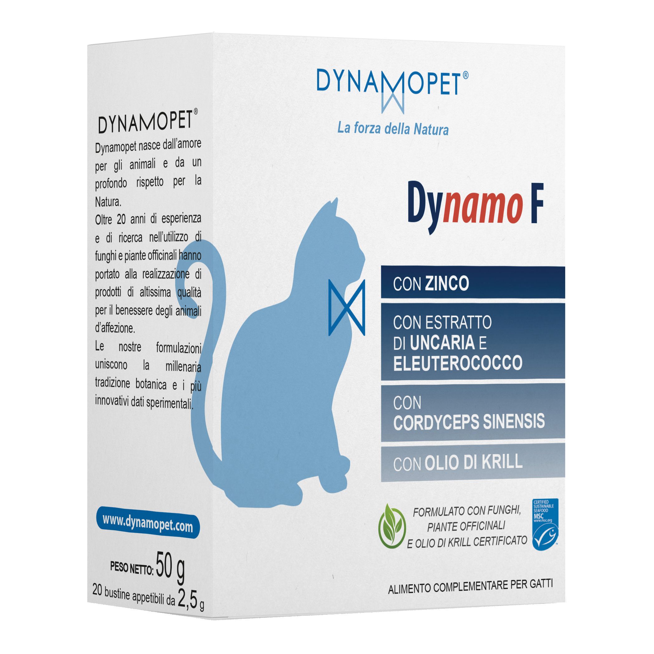 Confezione Dynamo F. Contiene zinco, Uncaria, Eleuterococco, Cordyceps sinensis e olio di krill. 50g, 20 bustine.