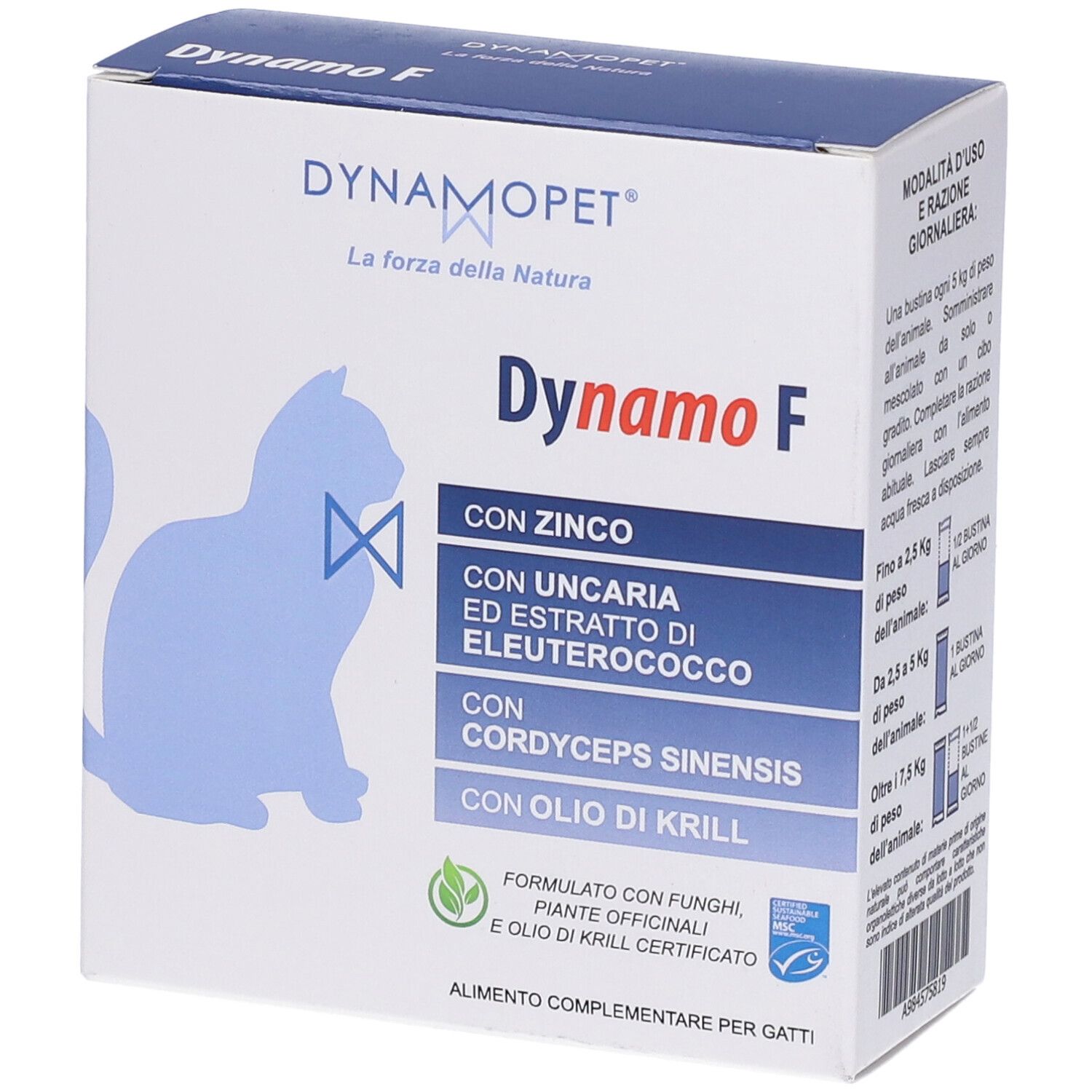 Confezione Dynamo F. Contiene zinco, Uncaria, Eleuterococco, Cordyceps sinensis e olio di krill. Vista angolare.