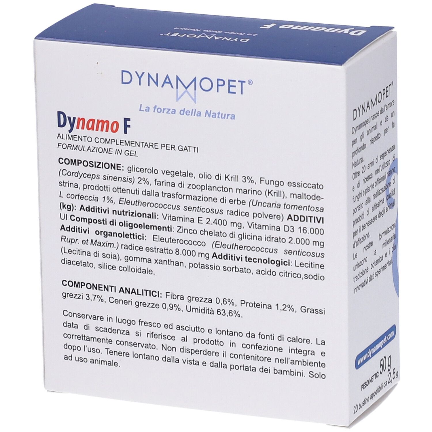 Confezione Dynamo F. Contiene zinco, Uncaria, Eleuterococco, Cordyceps sinensis e olio di krill. Retro con ingredienti.