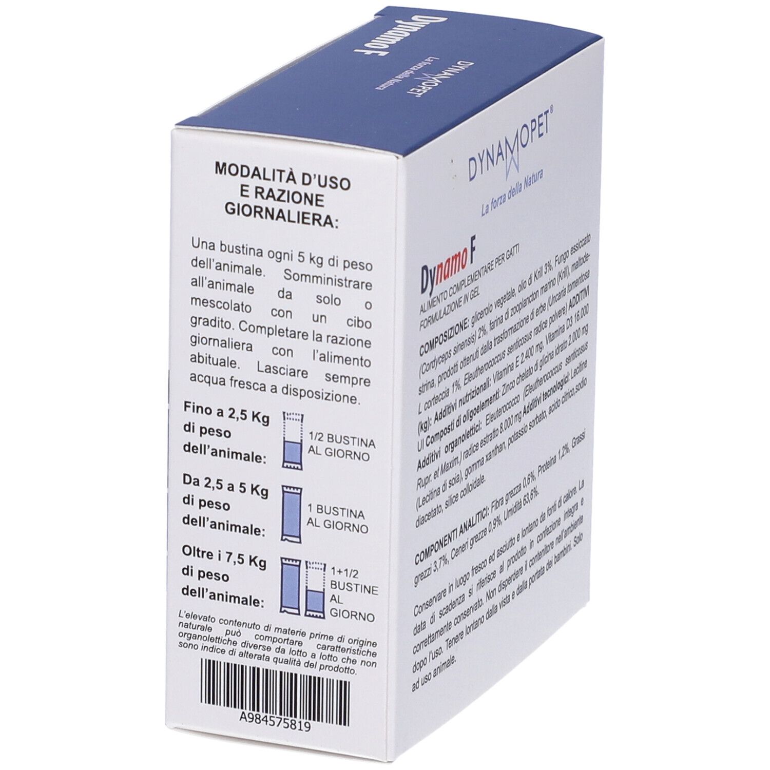 Confezione Dynamo F. Contiene zinco, Uncaria, Eleuterococco, Cordyceps sinensis e olio di krill. Retro con dosaggio.