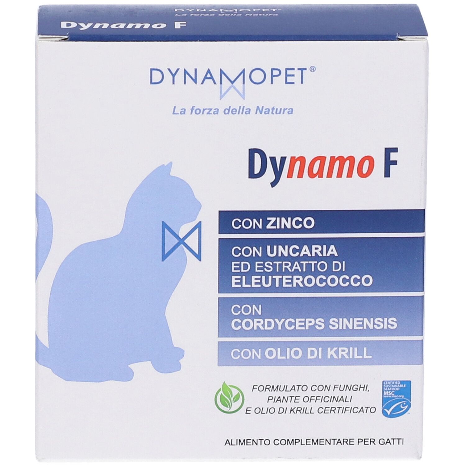 Confezione Dynamo F. Contiene zinco, Uncaria, Eleuterococco, Cordyceps sinensis e olio di krill. Vista frontale.