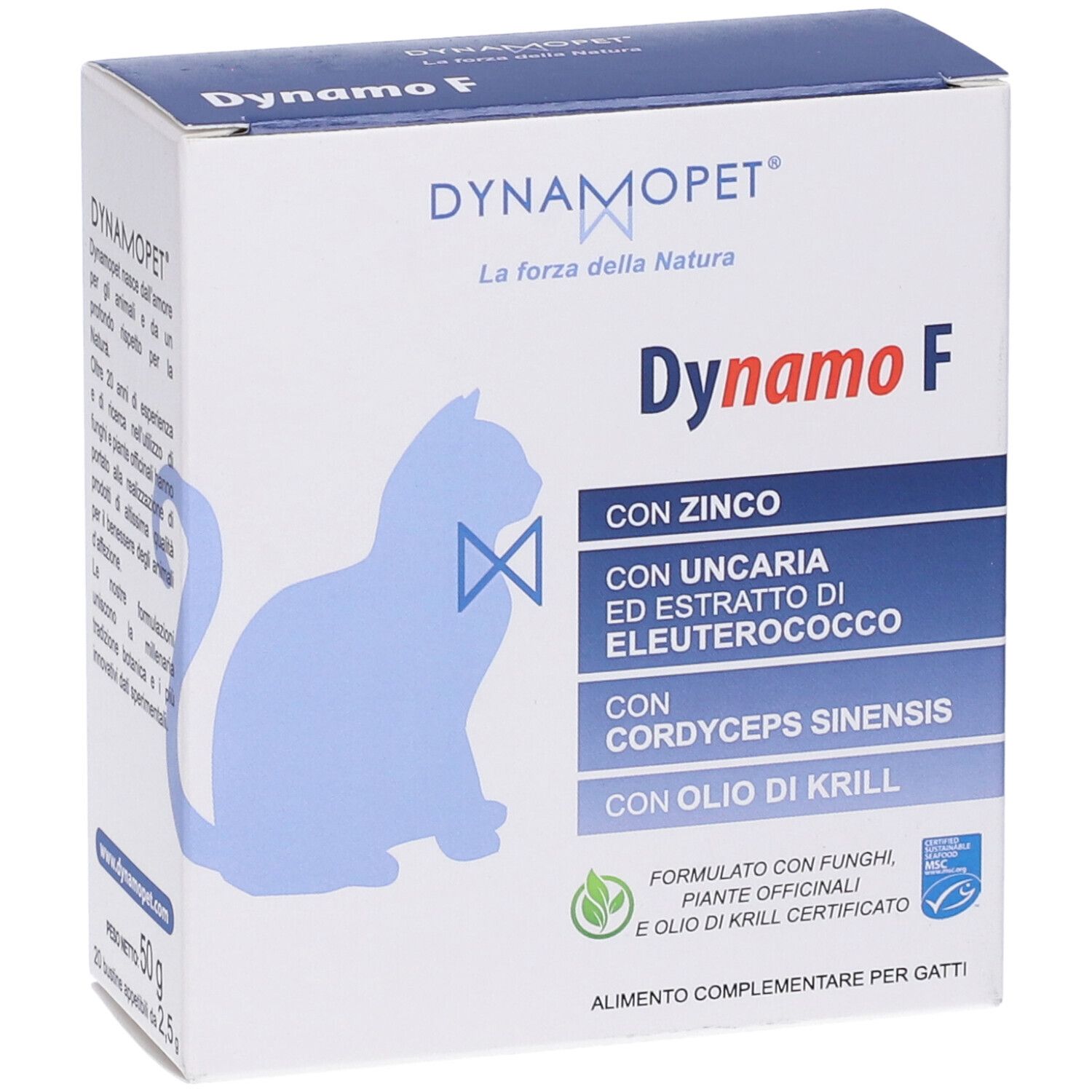Confezione Dynamo F. Contiene zinco, Uncaria, Eleuterococco, Cordyceps sinensis e olio di krill. Vista frontale.