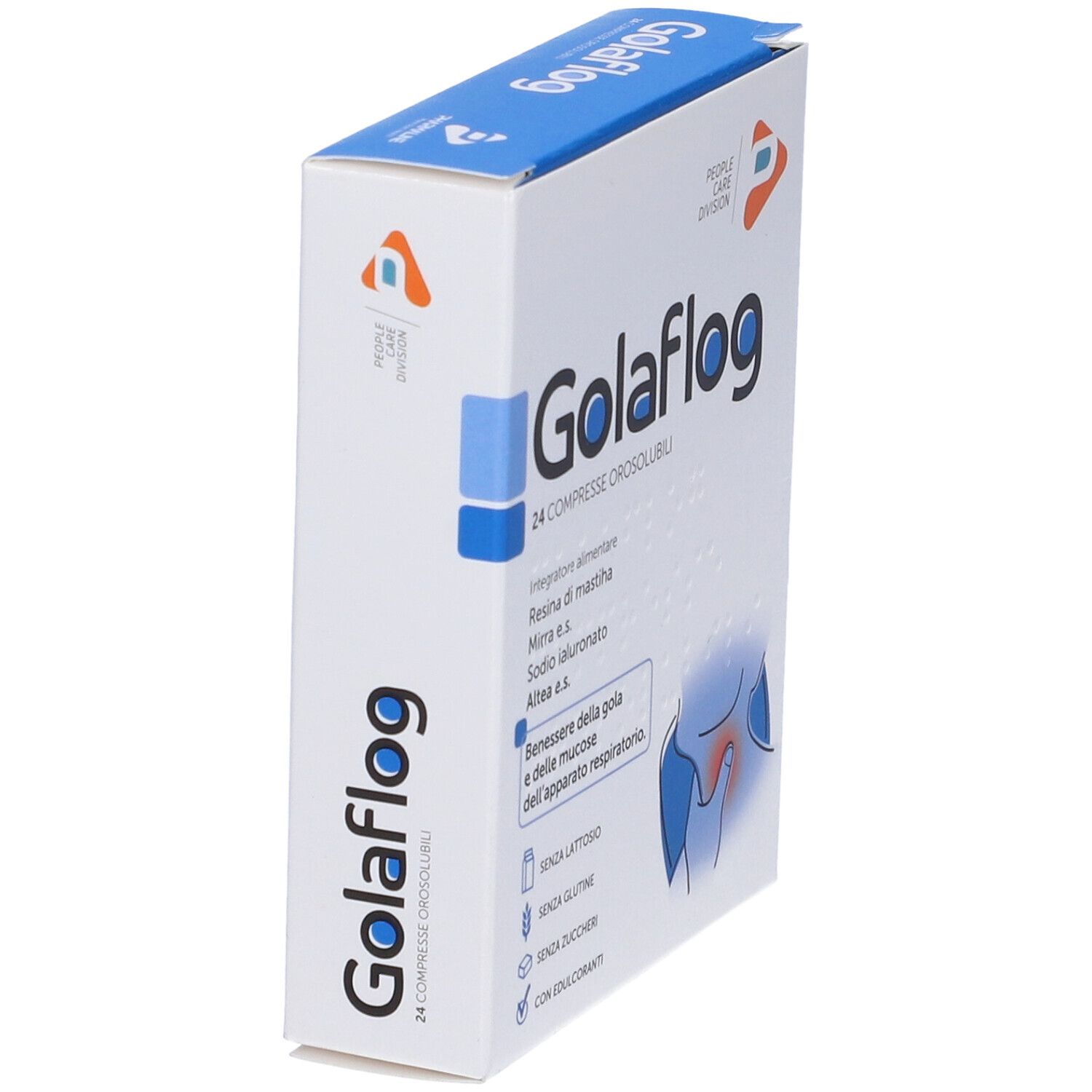 Scatola Golaflög 24 compresse orosolubili. Contiene resina di mastice, mirra, sodio ialuronato, altea.