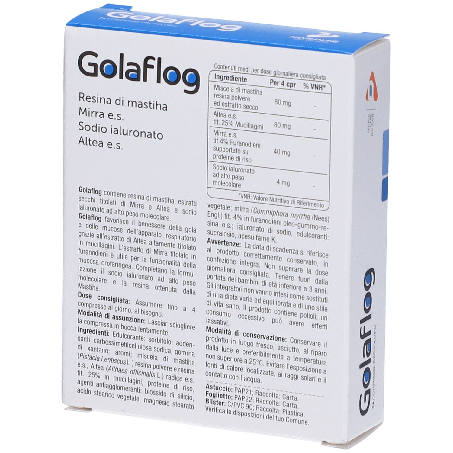 Scatola Golaflög 24 compresse orosolubili. Contiene resina di mastice, mirra, sodio ialuronato, altea.