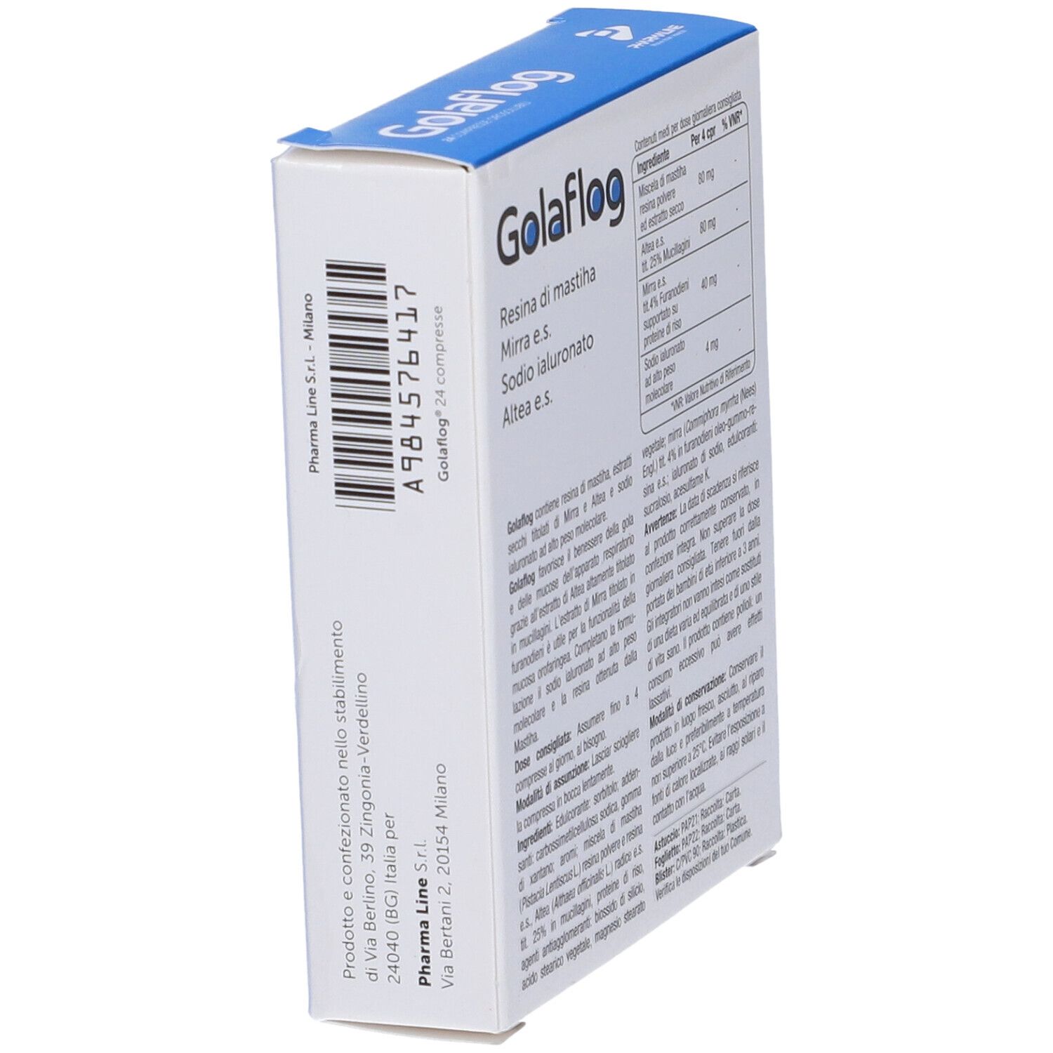Scatola Golaflög 24 compresse orosolubili. Contiene resina di mastice, mirra, sodio ialuronato, altea.