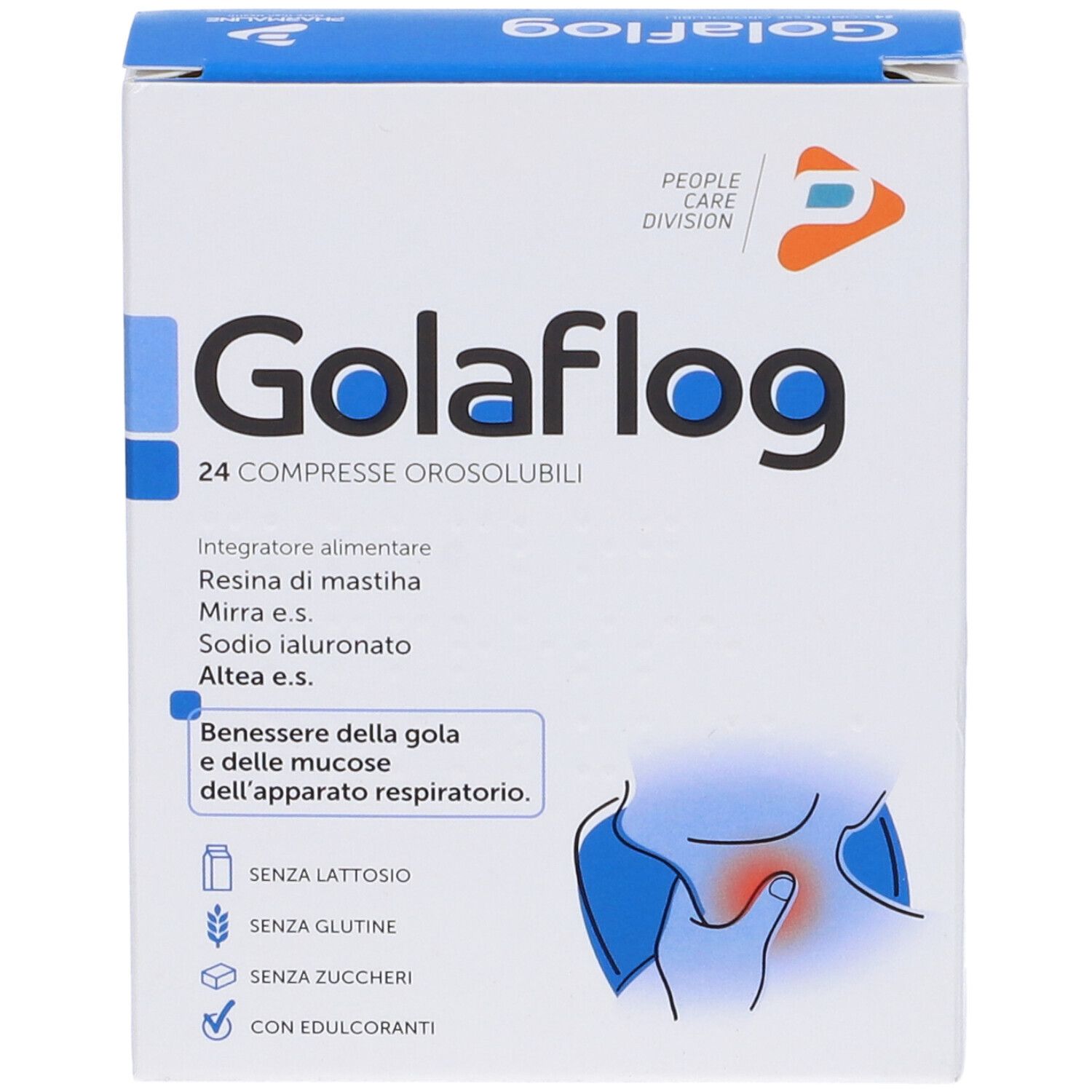 Scatola Golaflög 24 compresse orosolubili. Contiene resina di mastice, mirra, sodio ialuronato, altea.
