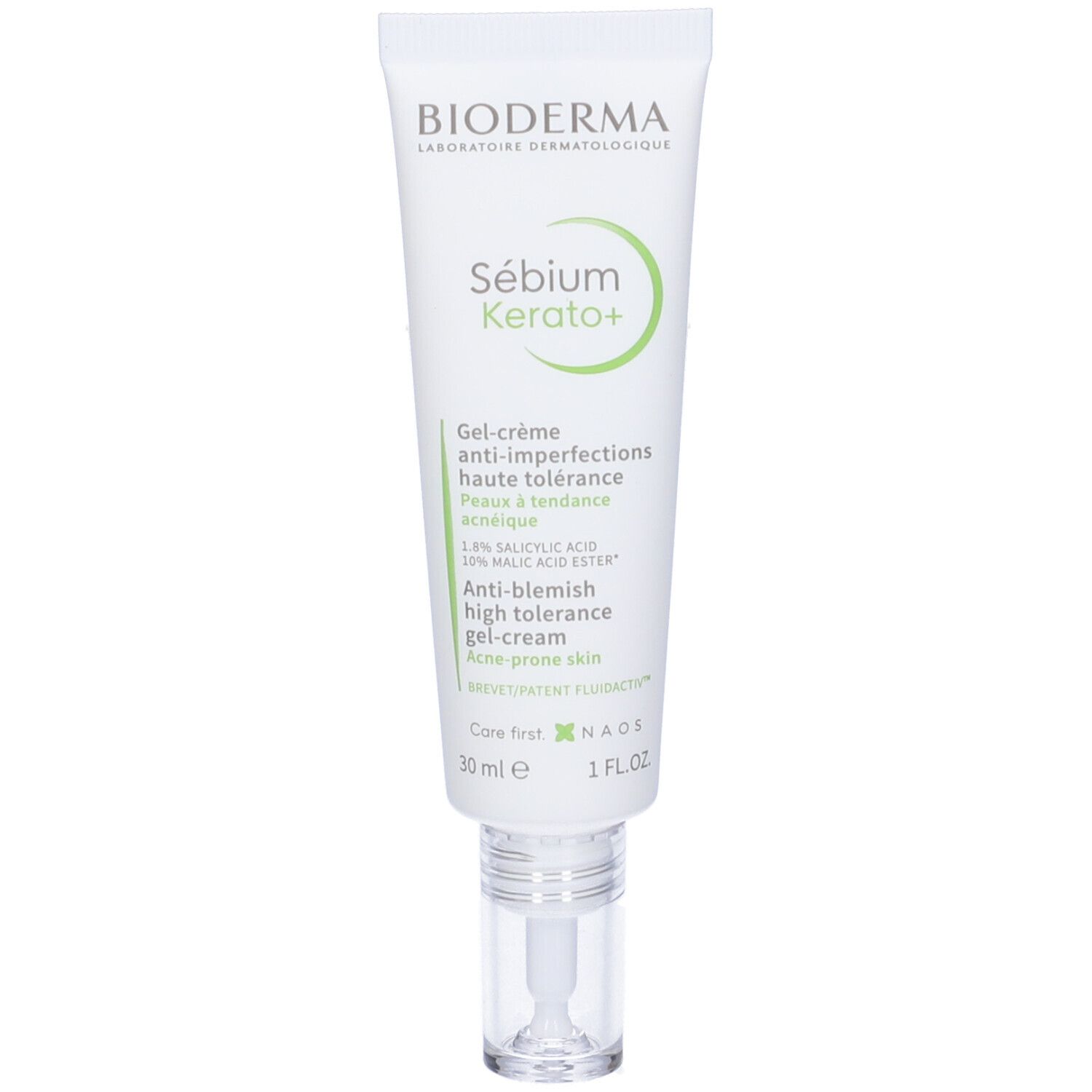 BIODERMA Sebium Kerato+ crema. Retro del tubo. Testo multilingue. Con applicatore.