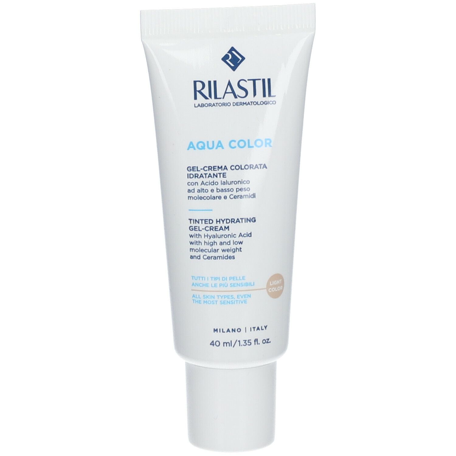 Tubo bianco RILASTIL Aqua Color Gel-Crema Colorata Idratante. Scritte in italiano. 40 ml/1.35 fl. oz. Colore chiaro.