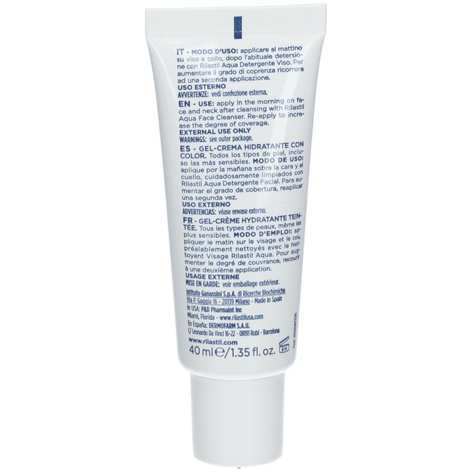 Retro del tubo con testo in italiano e inglese. 40 ml/1.35 fl. oz. Informazioni del produttore.