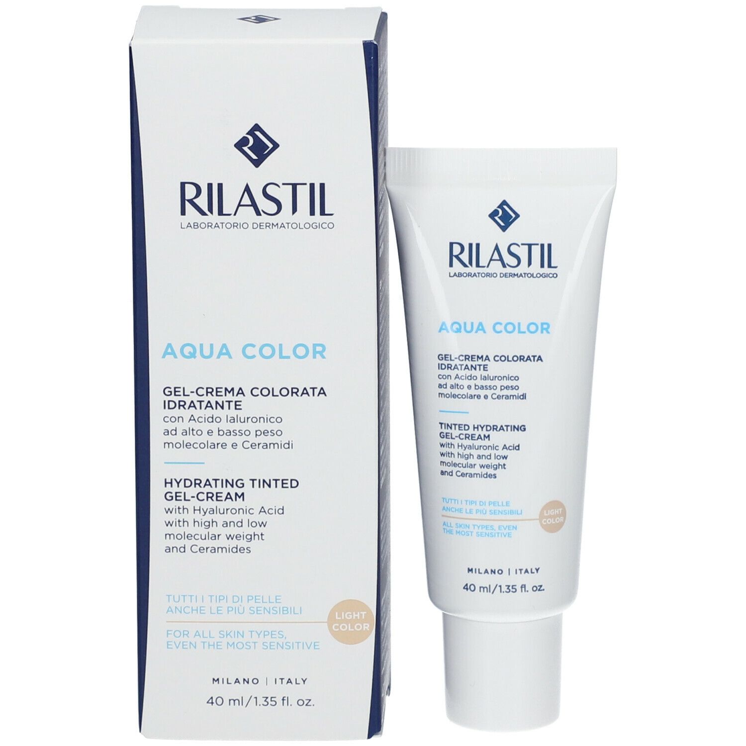 Confezione del prodotto con tubo e scatola. RILASTIL Aqua Color Gel-Crema Colorata Idratante. Colore chiaro. 40 ml/1.35 fl. oz.