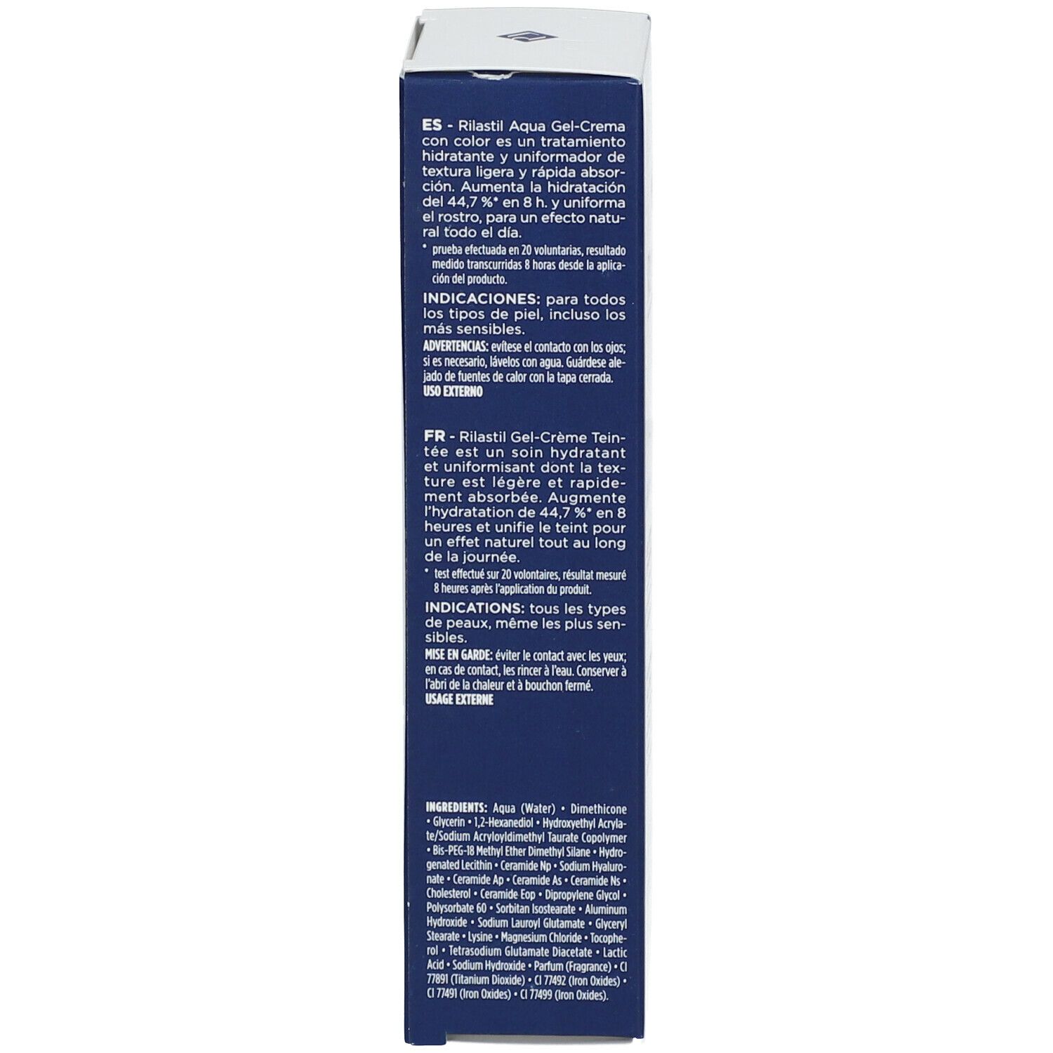 Confezione blu con testo in italiano e francese. RILASTIL Aqua Color. 40 ml/1.35 fl. oz. Ingredienti.
