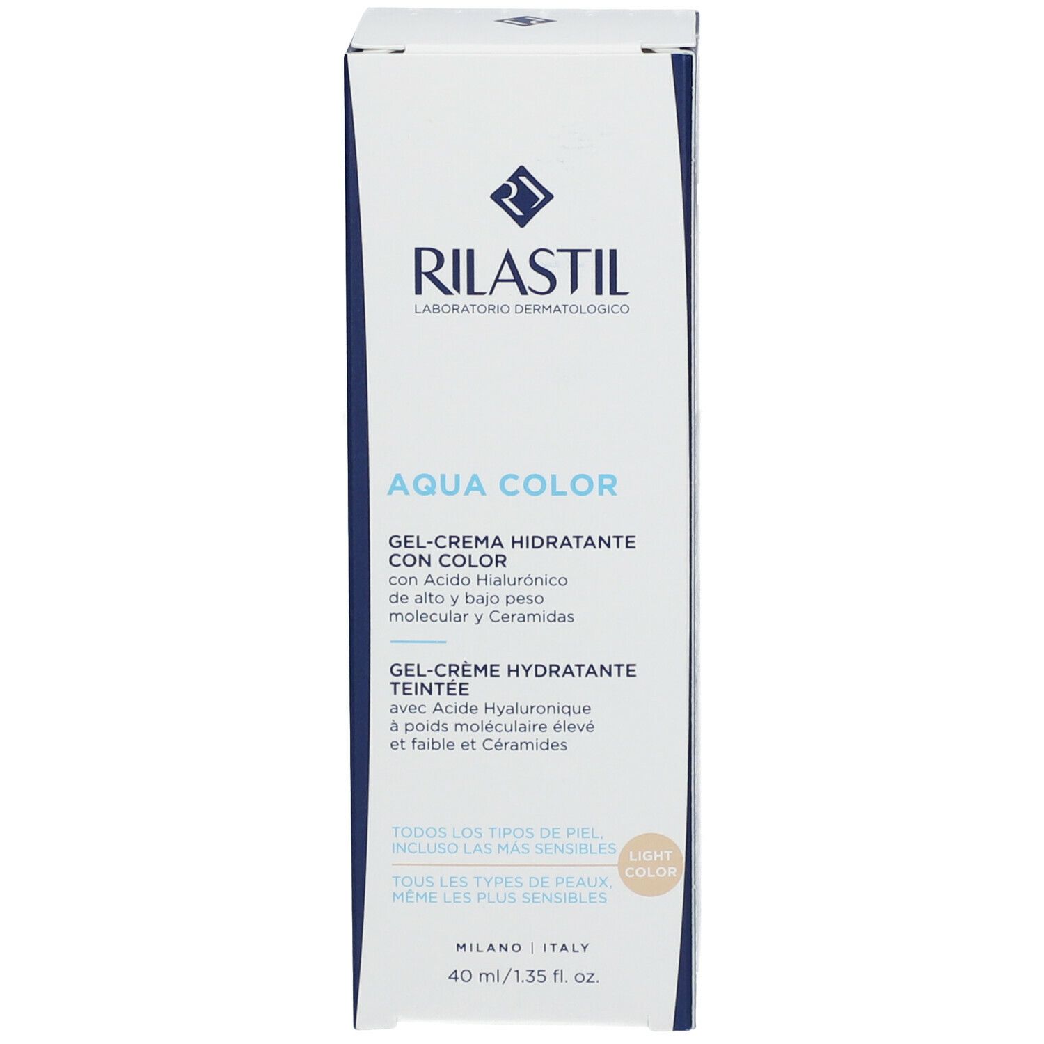 Confezione del prodotto RILASTIL Aqua Color Gel-Crema Colorata Idratante. Colore chiaro. 40 ml/1.35 fl. oz. Testo in italiano.
