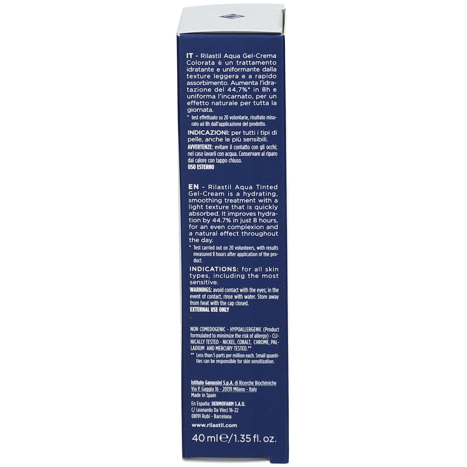 Confezione blu con testo in italiano e inglese. RILASTIL Aqua Color. 40 ml/1.35 fl. oz. Ingredienti.