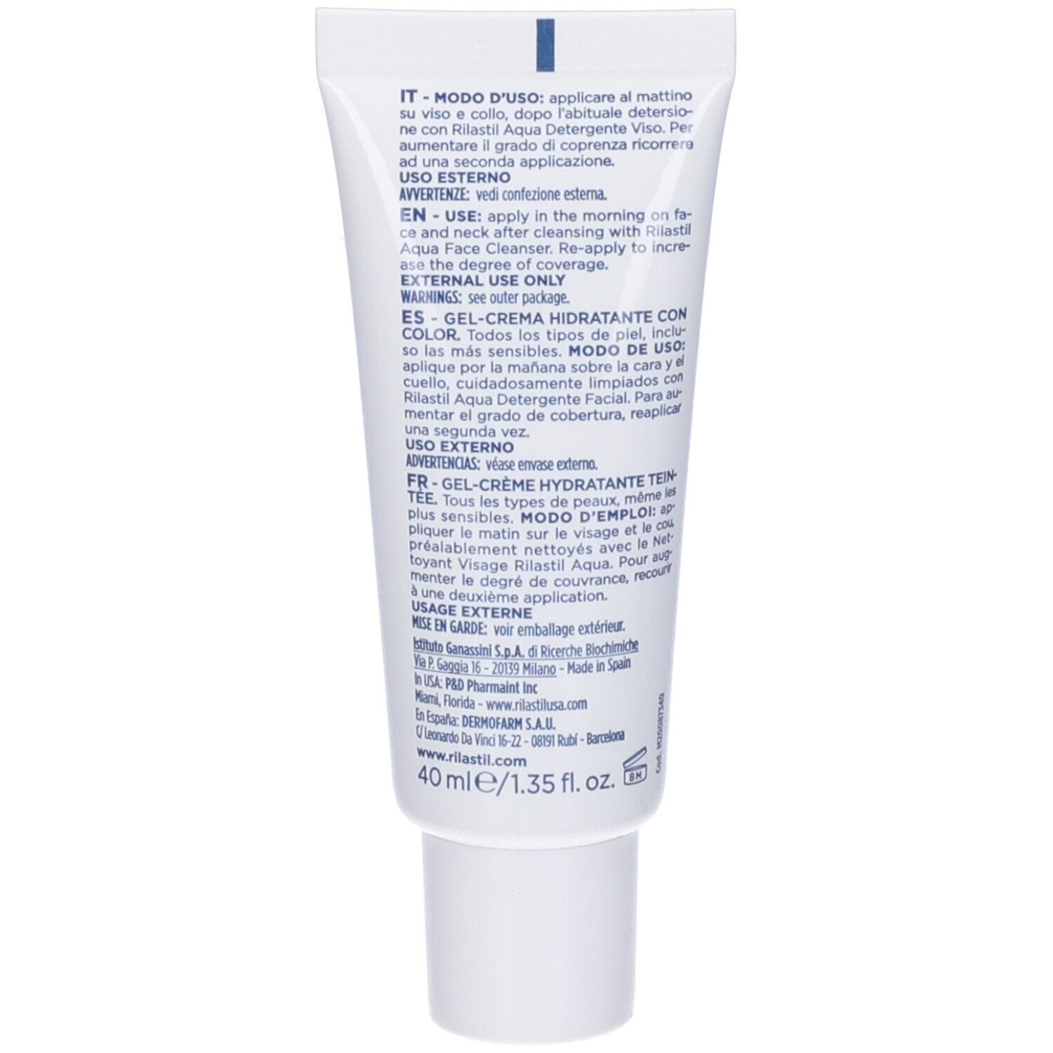 Rückseite der Tube Rilastil Aqua Colorata Gel Crema. Enthält Text in mehreren Sprachen.