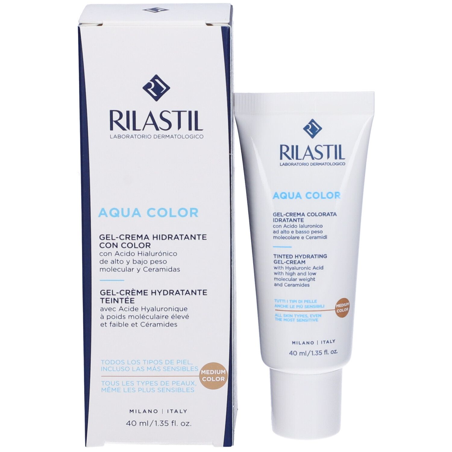 Rilastil Aqua Colorata Gel Crema, Medium, mit Verpackung. Tube und Schachtel nebeneinander.