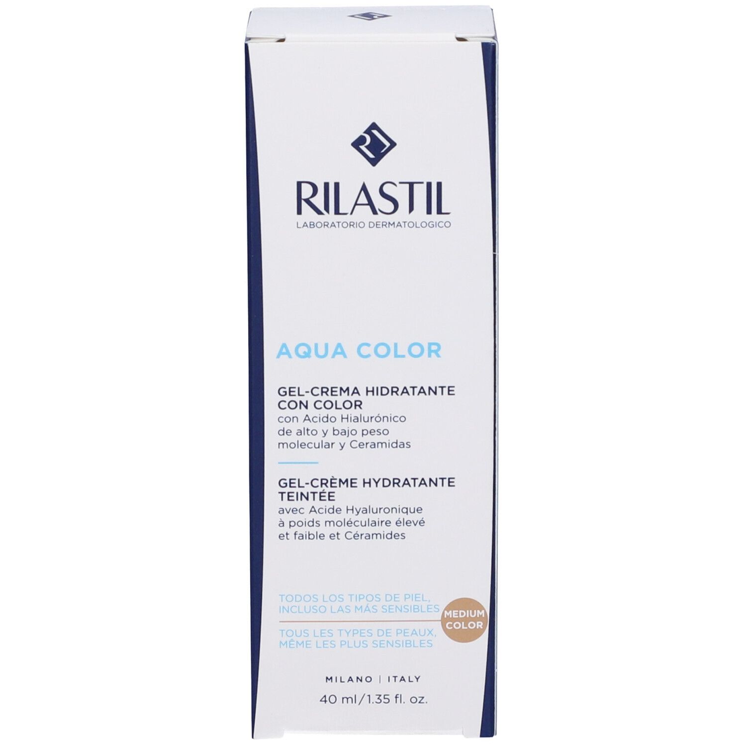 Verpackung Rilastil Aqua Colorata Gel Crema, Medium. Weiß mit blauer Schrift und Produktinformationen.