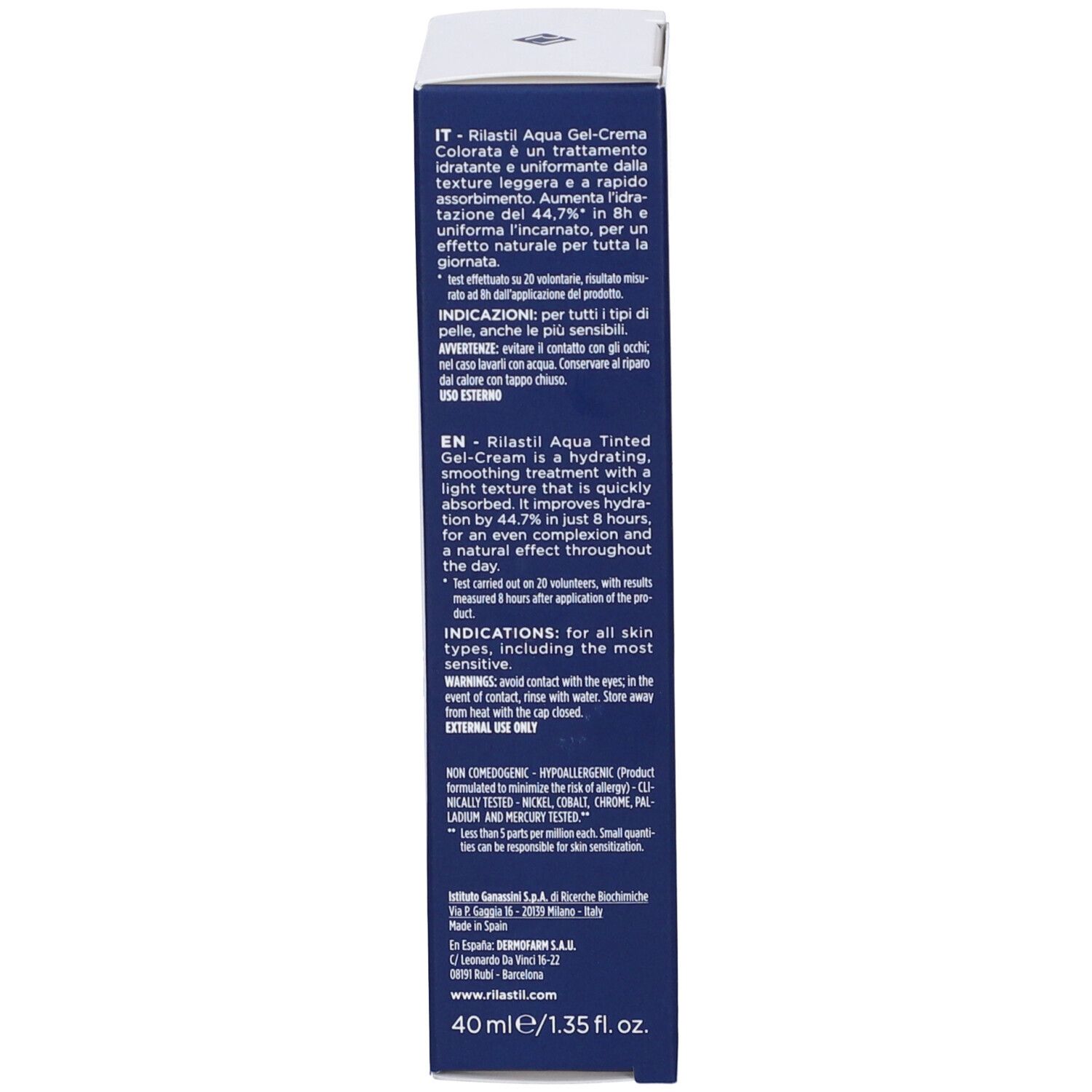 Rückseite der Verpackung Rilastil Aqua Colorata Gel Crema. Enthält Text in mehreren Sprachen.