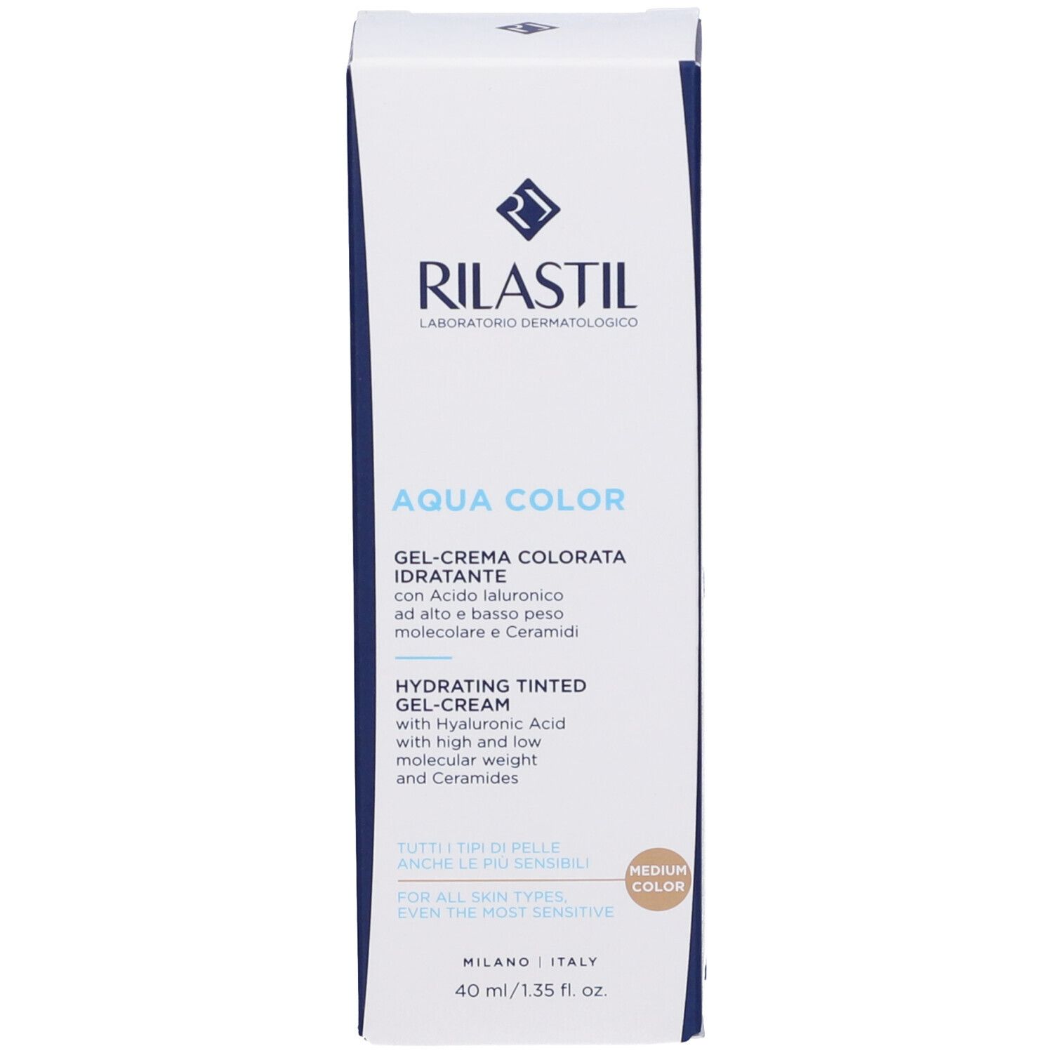 Verpackung Rilastil Aqua Colorata Gel Crema. Weiß mit blauer Schrift und Produktinformationen.