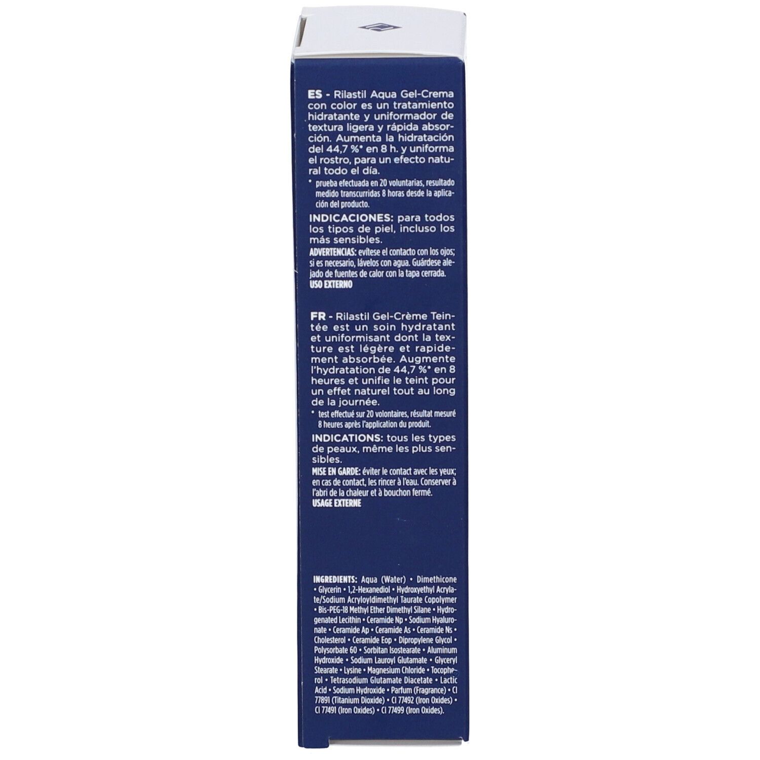 Rückseite der Verpackung Rilastil Aqua Colorata Gel Crema. Enthält Text in mehreren Sprachen und Inhaltsstoffe.
