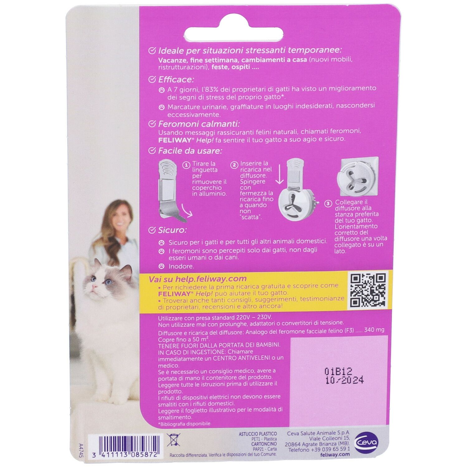 Retro confezione FELIWAY Help!. Testo e illustrazioni. Sfondo viola con immagine del prodotto.