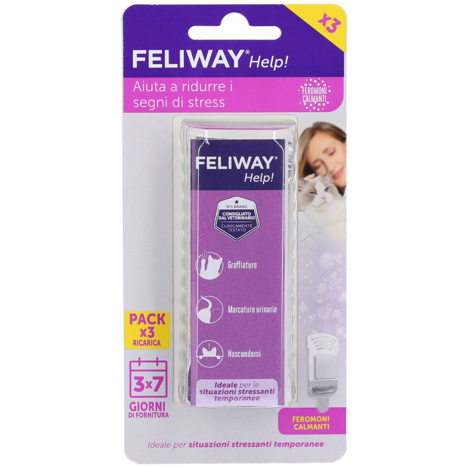 Confezione da tre ricariche FELIWAY® Help!. Imballaggio viola con immagine e testo del prodotto. Diffusore.