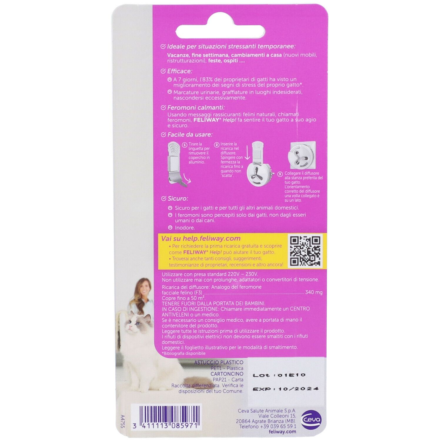Retro della confezione FELIWAY® Help!. Informazioni testuali, illustrazioni e codice QR. Viola e bianco.