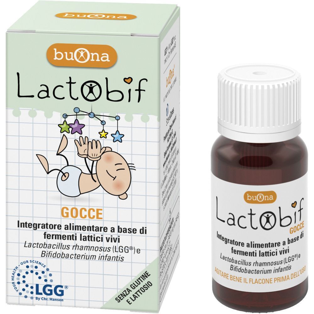 Flacone e scatola Lactobif. Scatola con illustrazione bambino, scritta Lactobif, senza glutine e lattosio. Flacone marrone, tappo bianco.