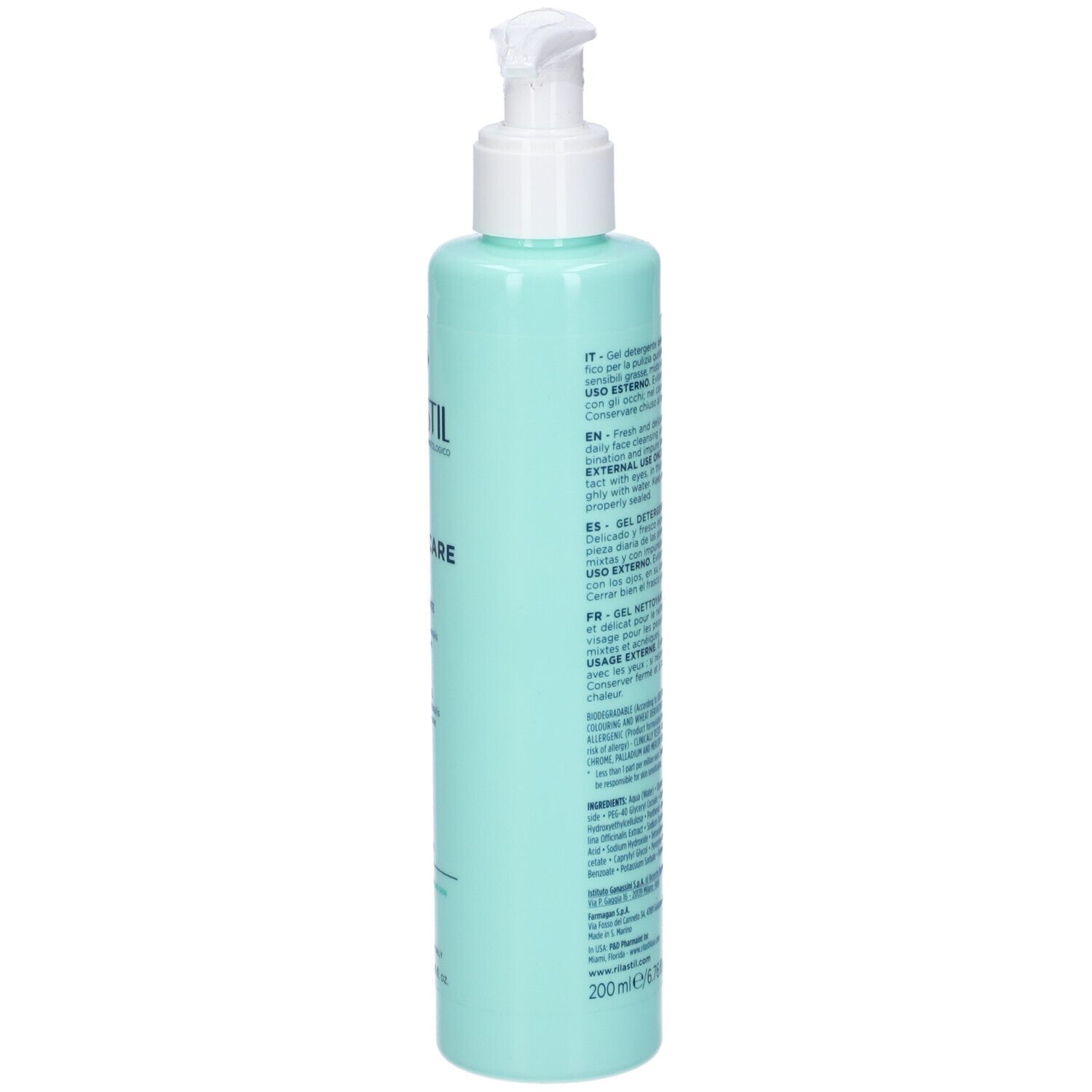 Türkisgrüne Flasche mit weißem Pumpkopf. Rückseite mit Text. Aufschrift: Rilastil, Daily Care, Gel Detergente Purificante.