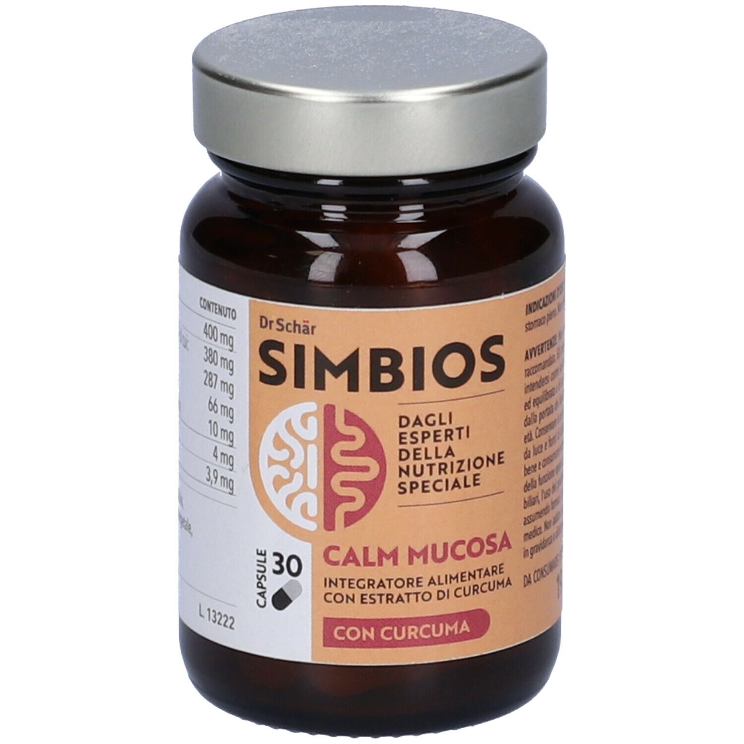 Flacone di vetro marrone con capsule. Scritta: Simbios Calm Mucosa, Dr. Schär. 30 capsule. Etichetta con ingredienti.