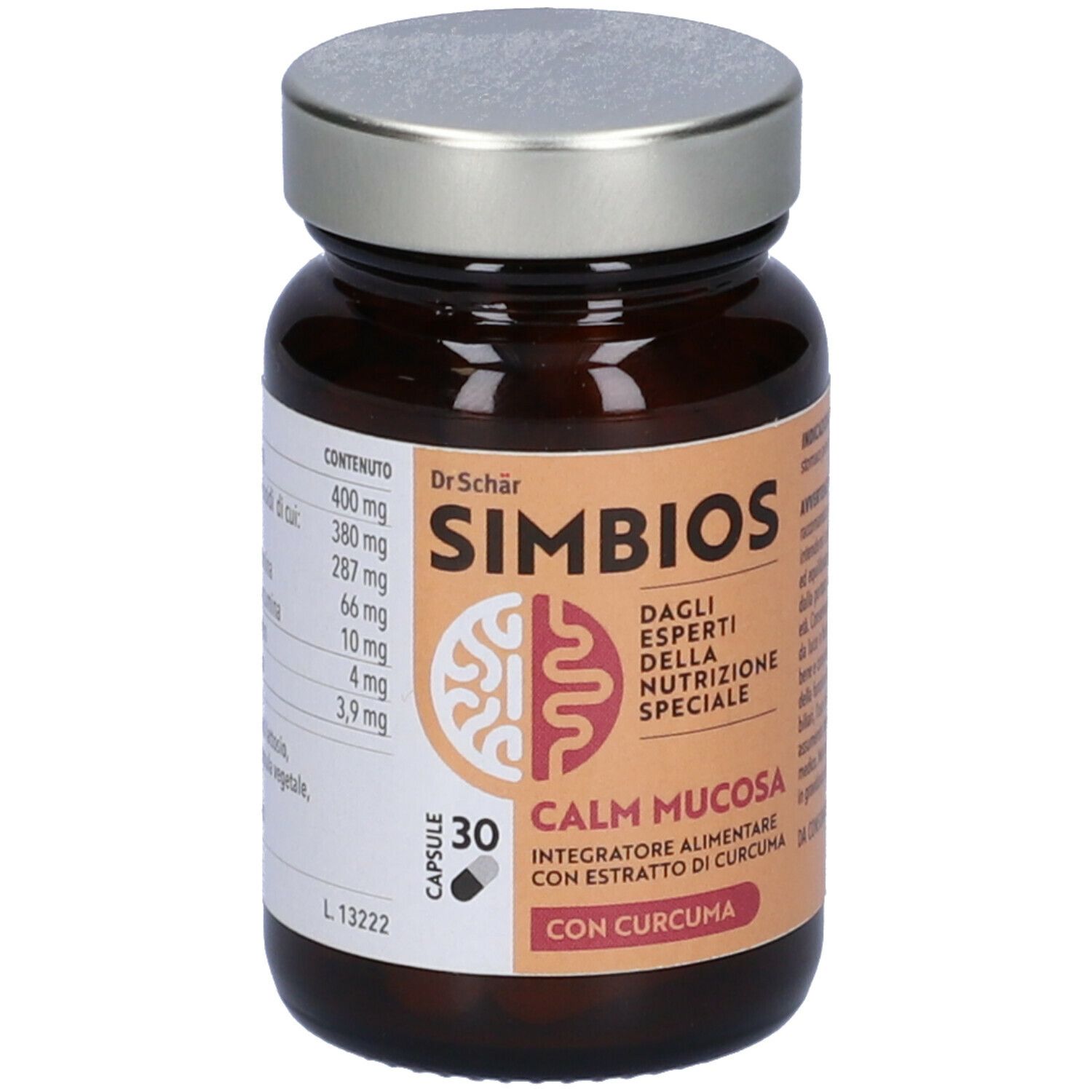Flacone di vetro marrone con capsule. Scritta: Simbios Calm Mucosa, Dr. Schär. 30 capsule. Etichetta con ingredienti.