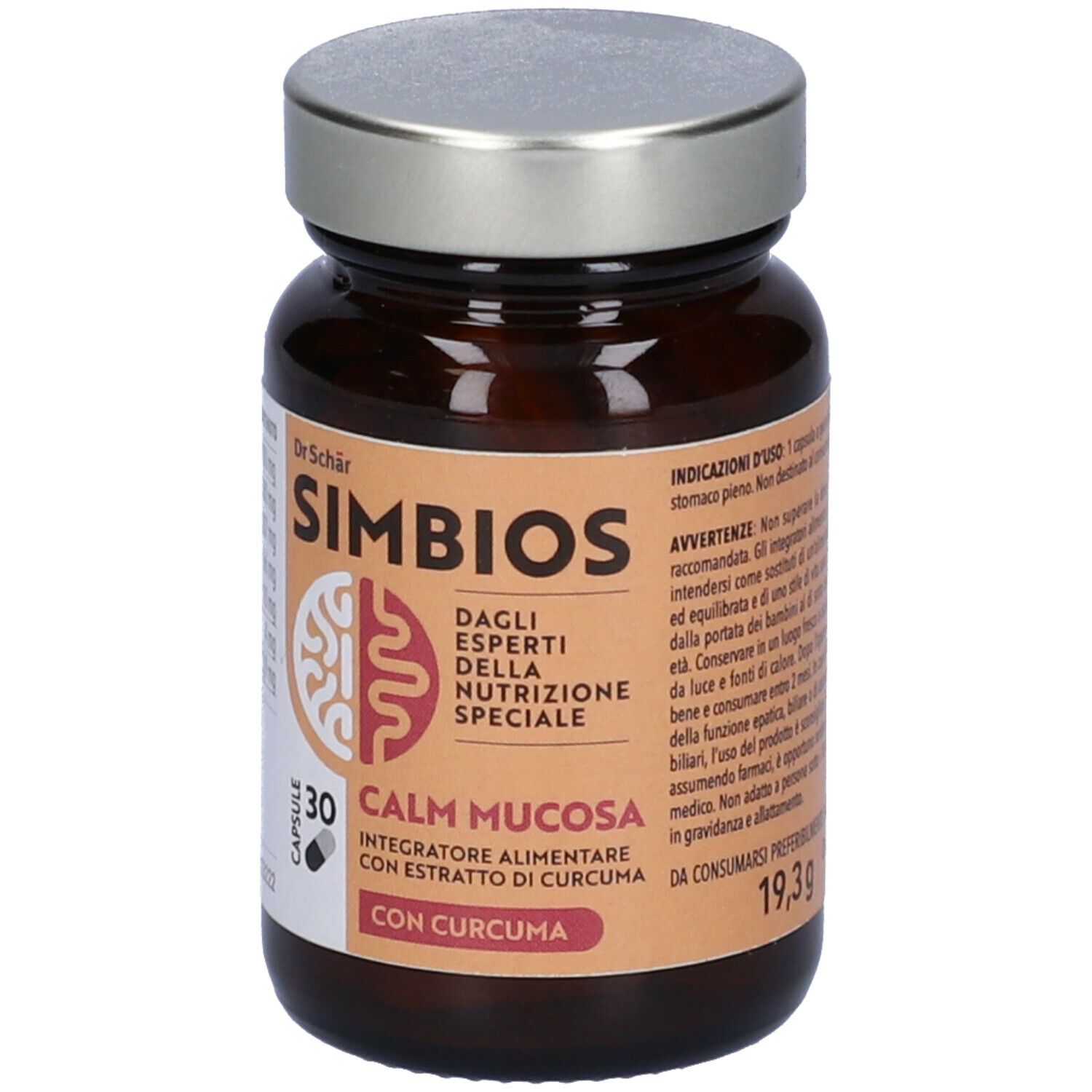 Flacone di vetro marrone con capsule. Scritta: Simbios Calm Mucosa, Dr. Schär. 30 capsule. Etichetta con ingredienti e avvertenze.