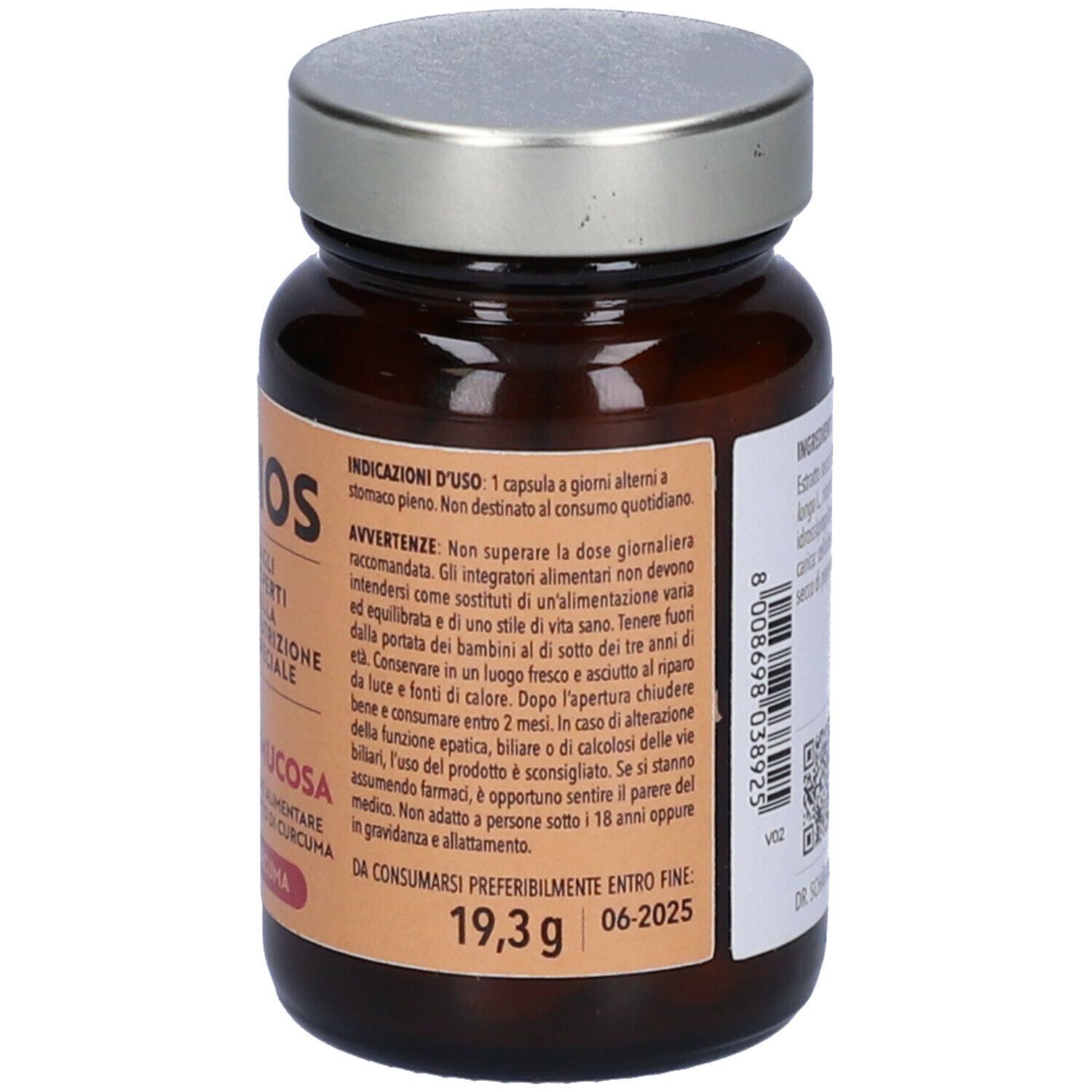 Flacone di vetro marrone con capsule. Scritta: Simbios Calm Mucosa, Dr. Schär. 30 capsule. Etichetta con ingredienti, avvertenze e data di scadenza.