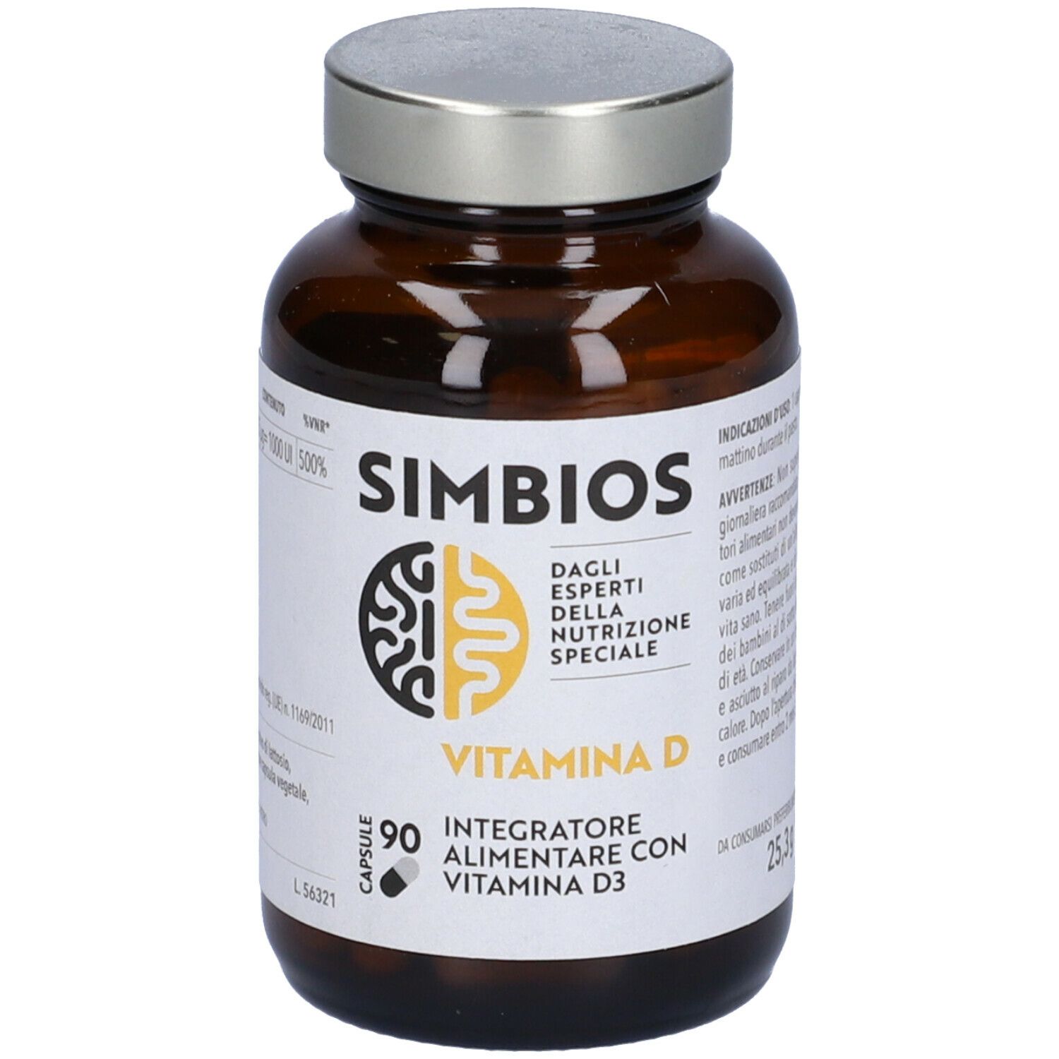 Flacone di vetro marrone con tappo argentato. Etichetta "Simbios", "Vitamina D" e "90 capsule".