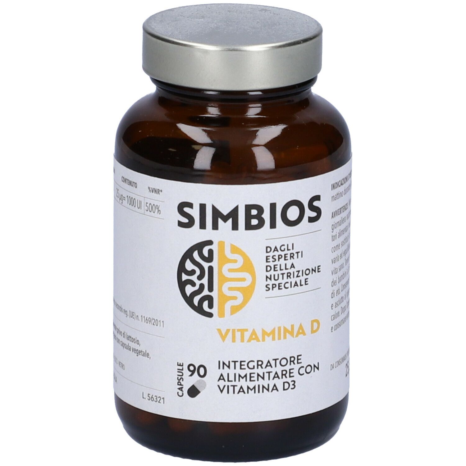 Flacone di vetro marrone con tappo argentato. Etichetta "Simbios", "Vitamina D" e "90 capsule".